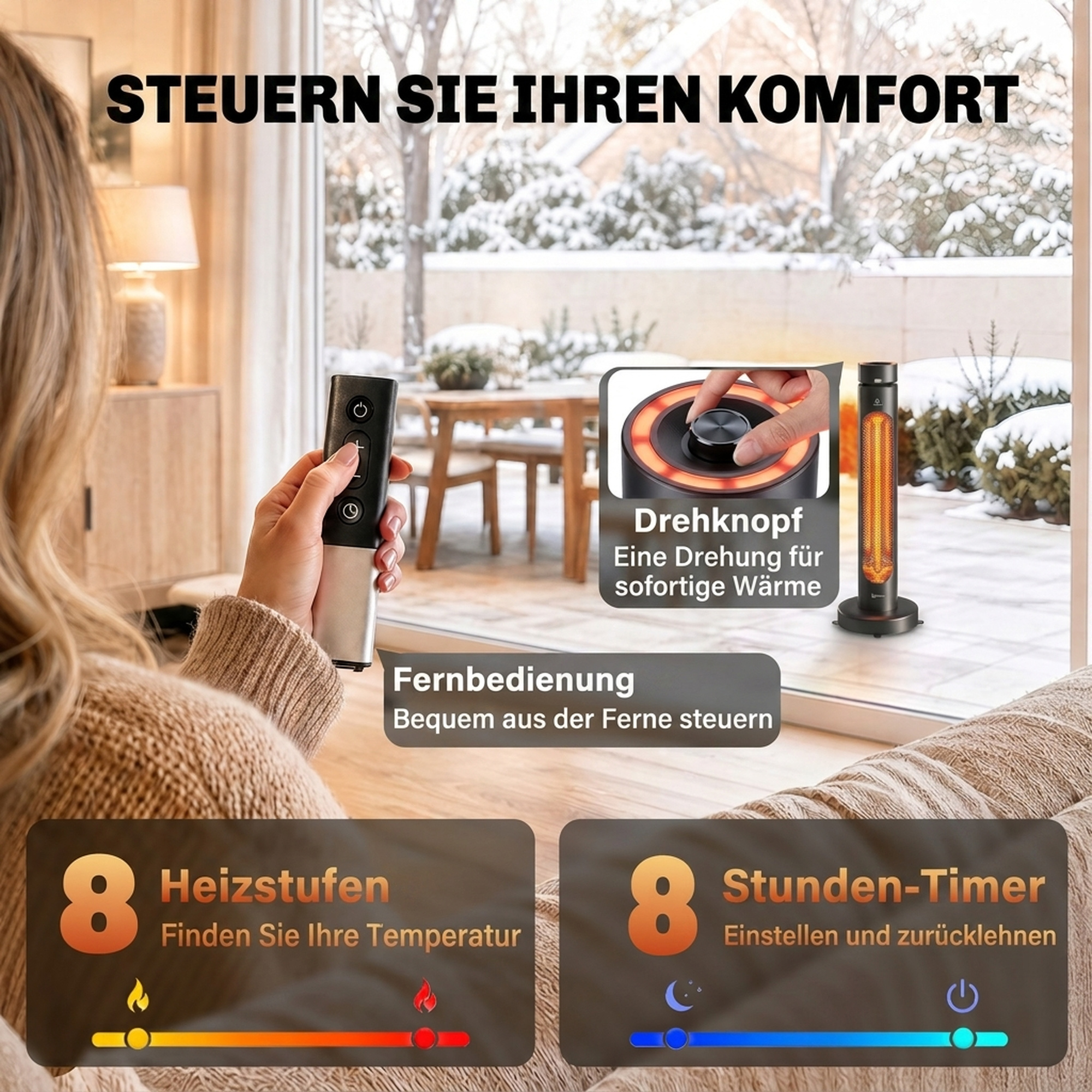 Infrarot Heizstrahler 2000W Carbonfaser oszillierender Standheizstrahler mit Fernbedienung 8 Heizstufen Schutzhülle