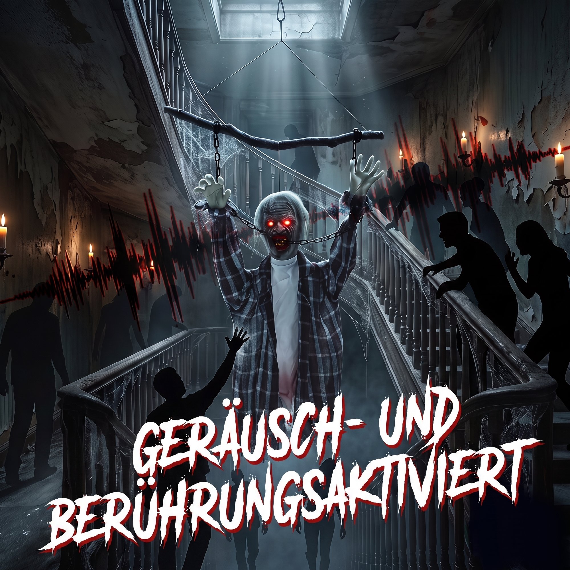110 cm animierte hängende Halloween-Deko, schreiender Zombie, Sound- & Berührungsaktivierung, rote LED-Augen