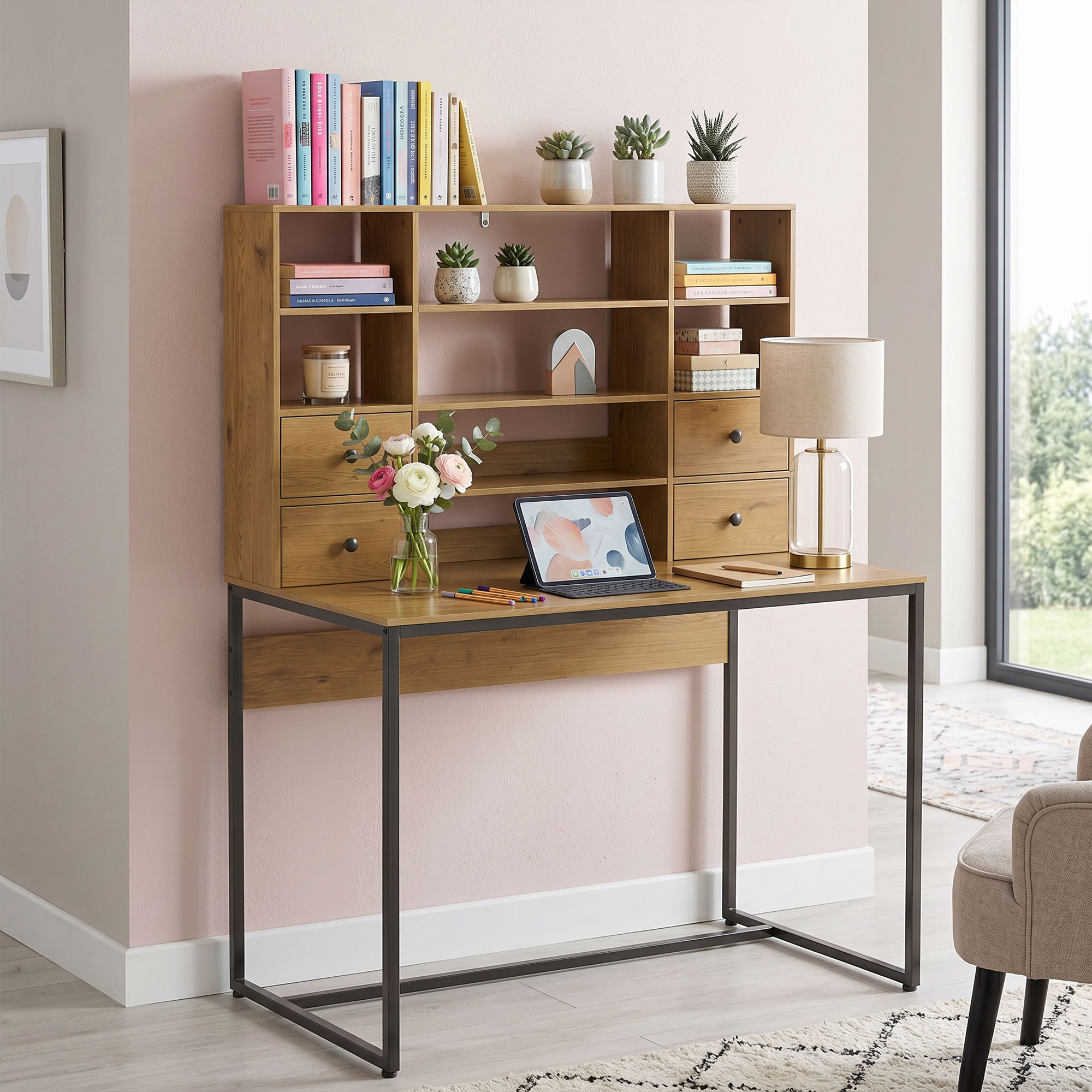 Computertisch mit 4 Schubladen und Regalen, Schreibtisch 105 cm, Naturholz
