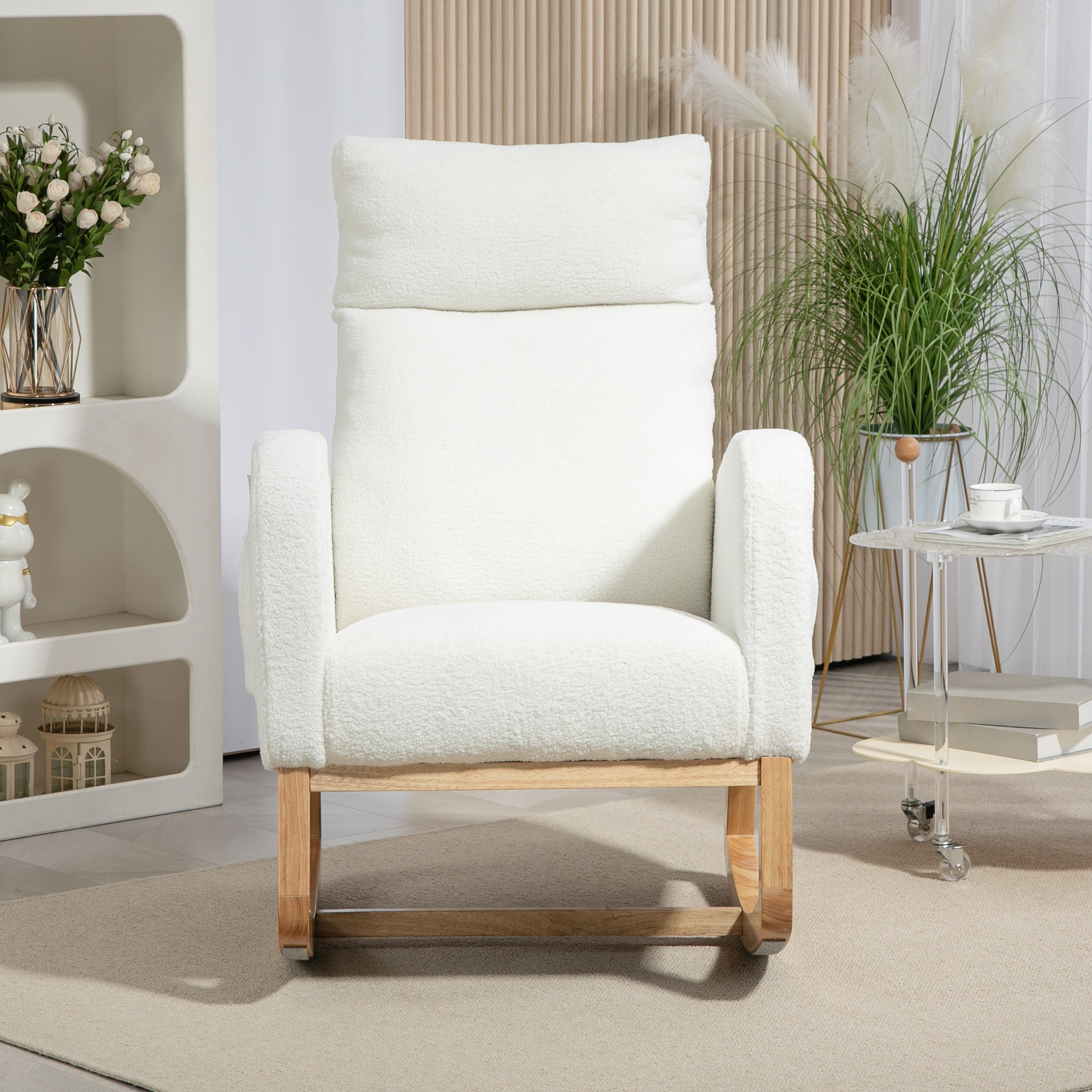 Schaukelstuhl, Relaxsessel, dicke Polsterung, kuscheliger Bezug, Holzrahmen, bis 120 kg Tragkraft, Cremeweiß