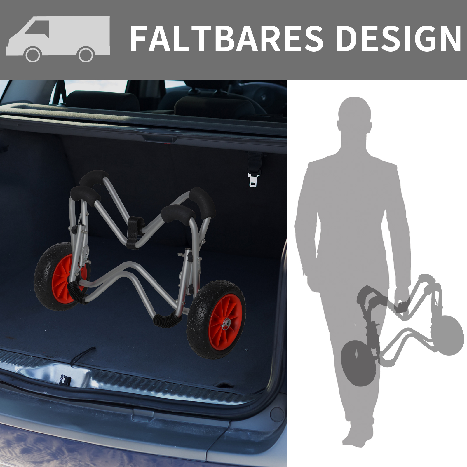 Kajakwagen Alu Bootswagen faltbare transportwagen Kunstleder-Reifen Silber 75 kg 75 x 43 x 46 cm