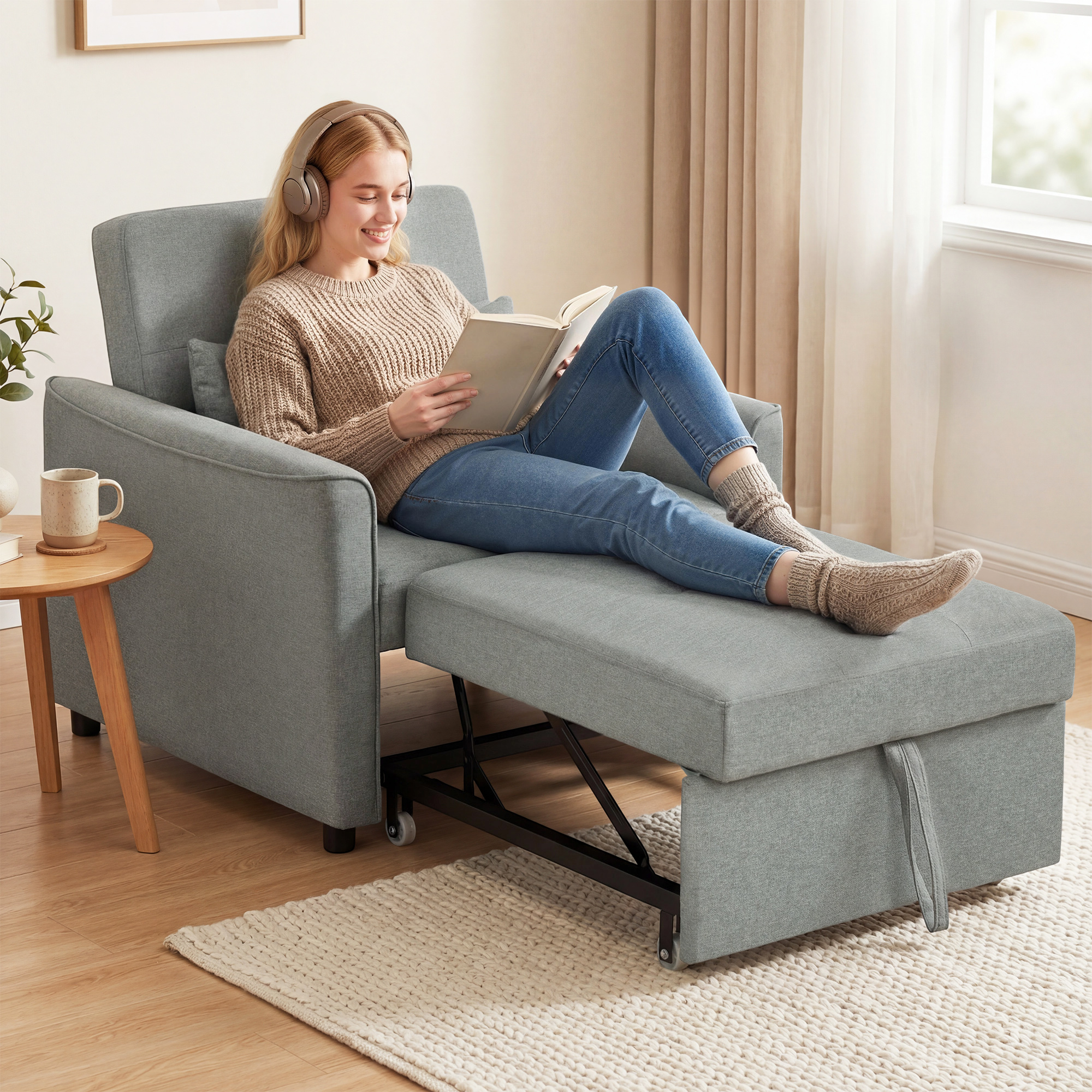 3-in-1 Schlafsessel, Ausziehbarer Sofa-Bett Sessel mit Verstellbarer Rückenlehne, Grau