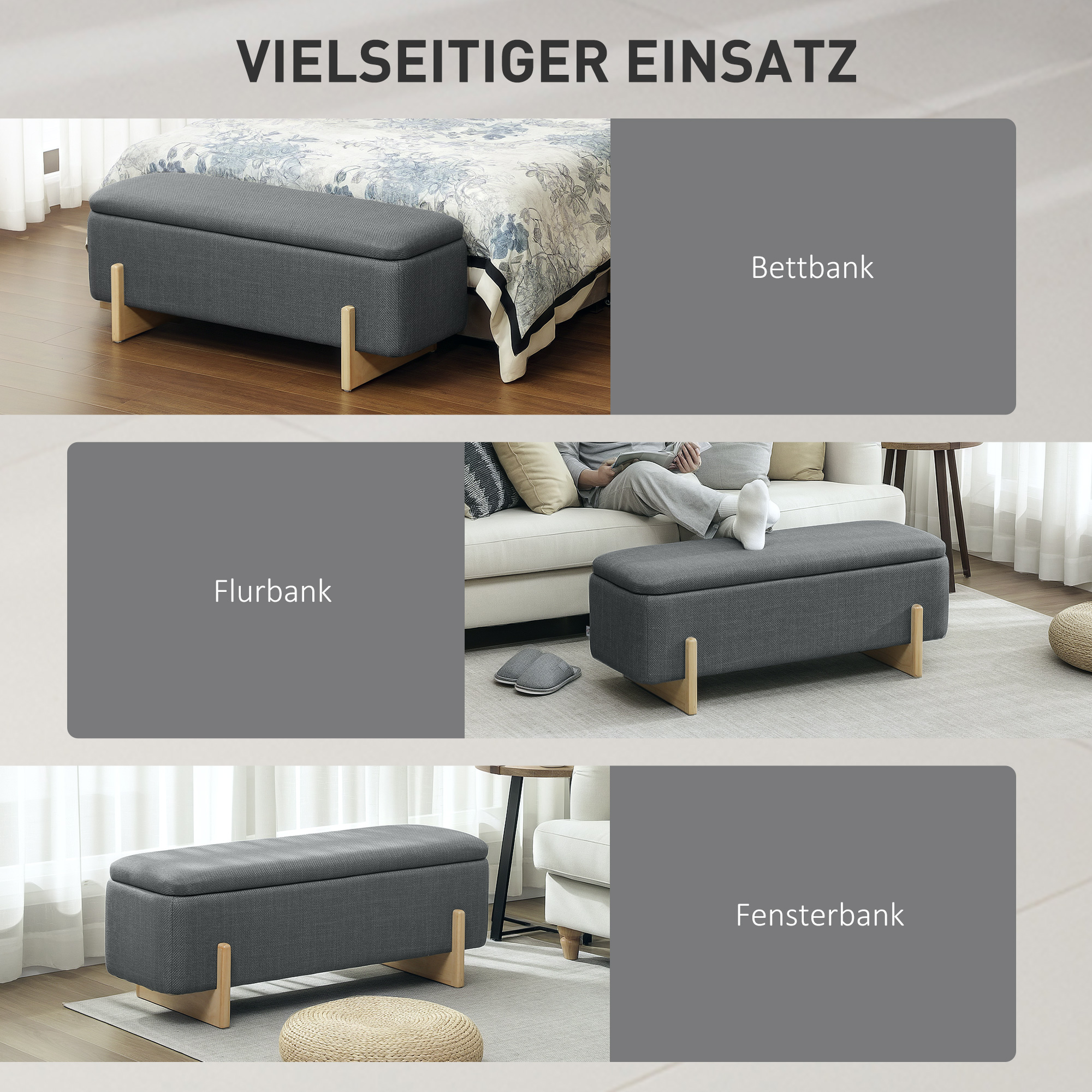 Hocker mit Stauraum, Sitzbank mit Schaumstoffpolsterung, Leinenimitat, 111 x 44 x 44,5 cm, Dunkelgrau