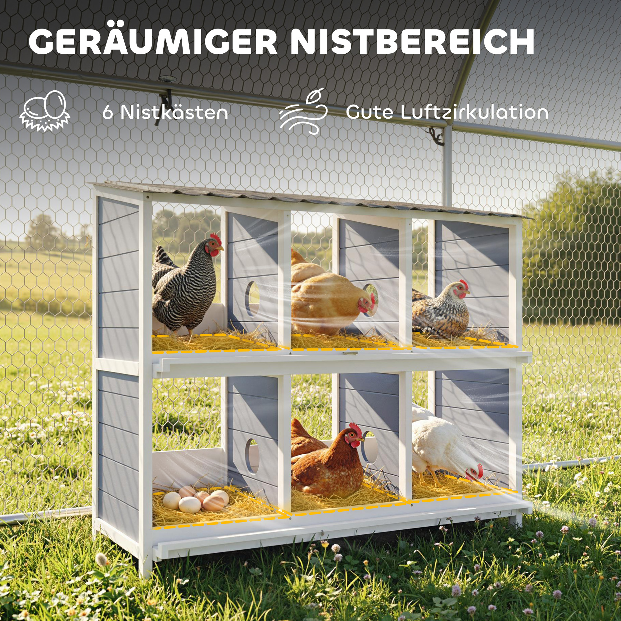 Legenest für Hühner, erhöhtes Hühnernest aus Holz mit 6 Fächer, 2 Sitzstangen für Kleintierstall 102 x 50 x 91 cm, Grau