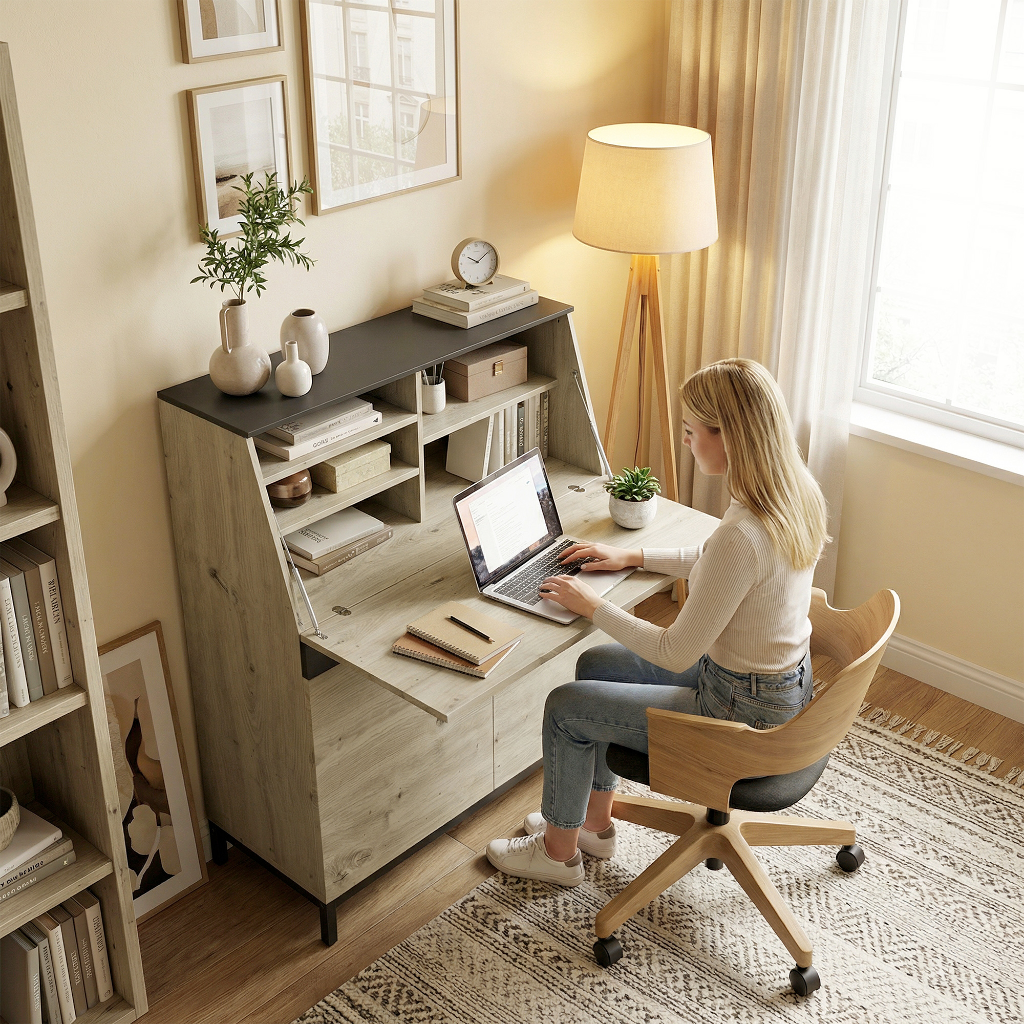 Sekretär-Schreibtisch mit Regalen und Metallrahmen 100 cm Naturholz und Schwarz