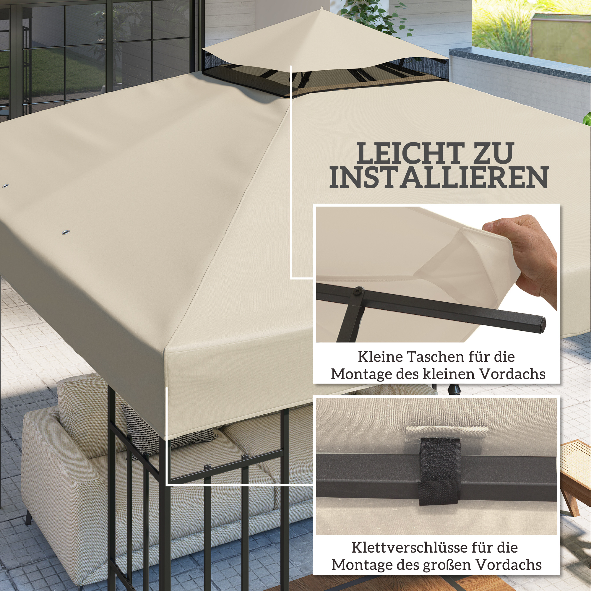 3 x 3 m Ersatzdach für Pavillon, Pavillon-Ersatzplane mit Wasserablauf-Löchern, UPF30+, Sonnenschutz, Cremeweiß