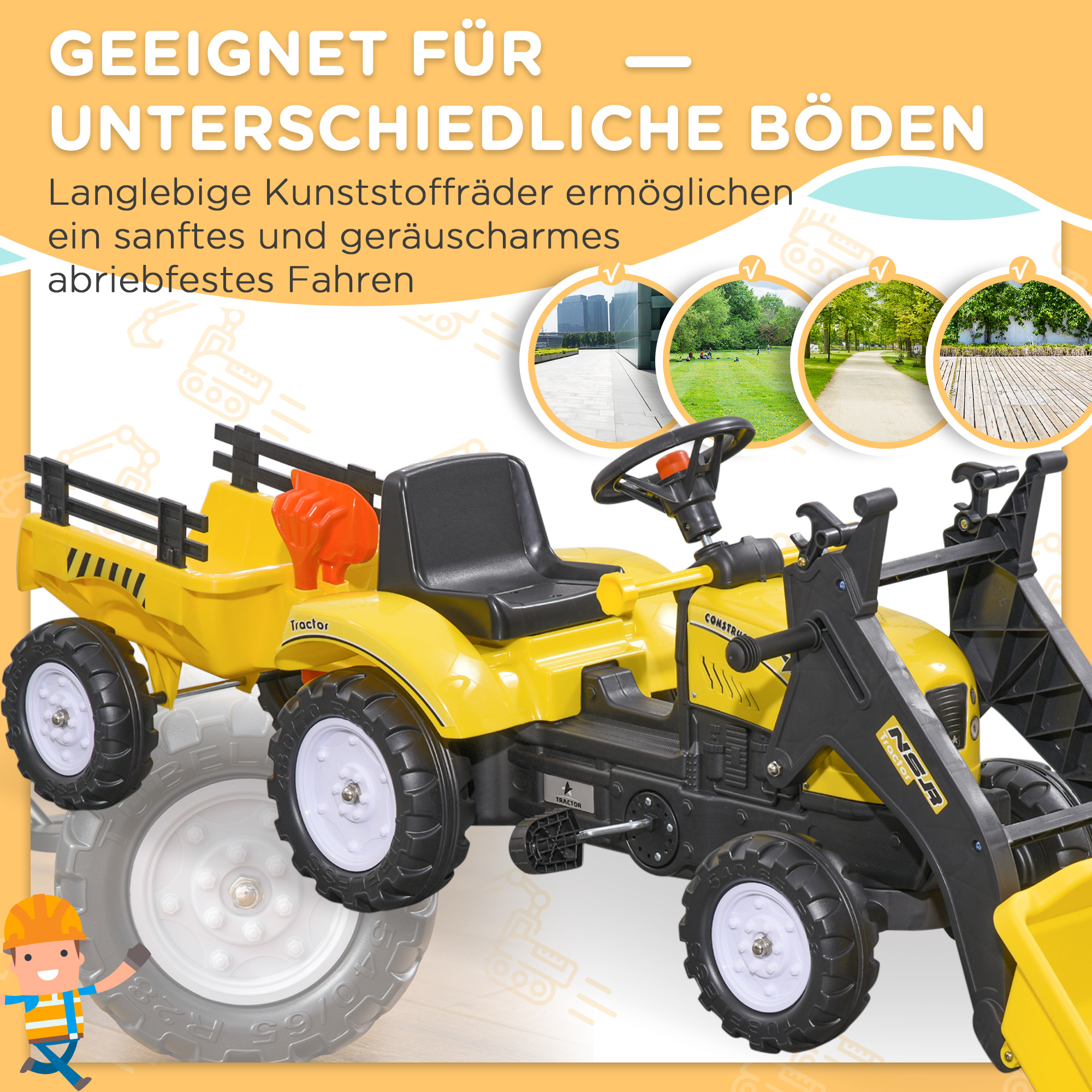 Kinderradlader, steuerbarer Frontlader, ab 3 Jahren, Pedalantrieb, Gelb/Schwarz