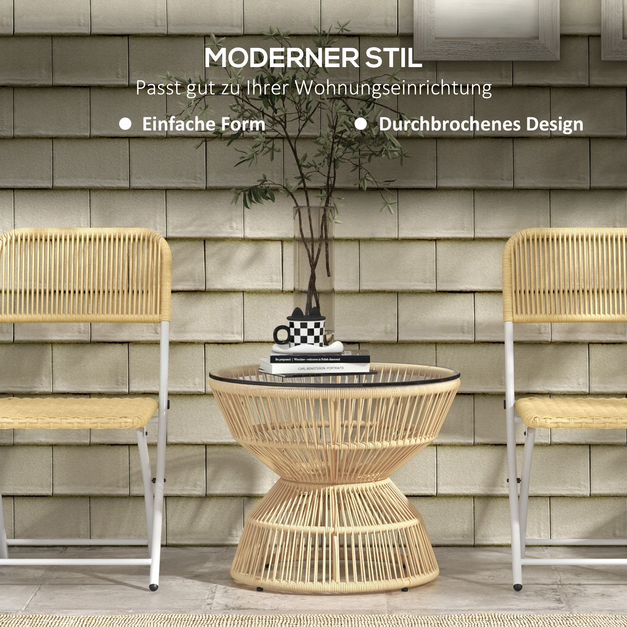 Outdoor-Beistelltisch Gartentisch Rattan-Beistelltisch, Glasplatte, PE-Rattan, 60 cm x 60 cm x 50 cm, Natur