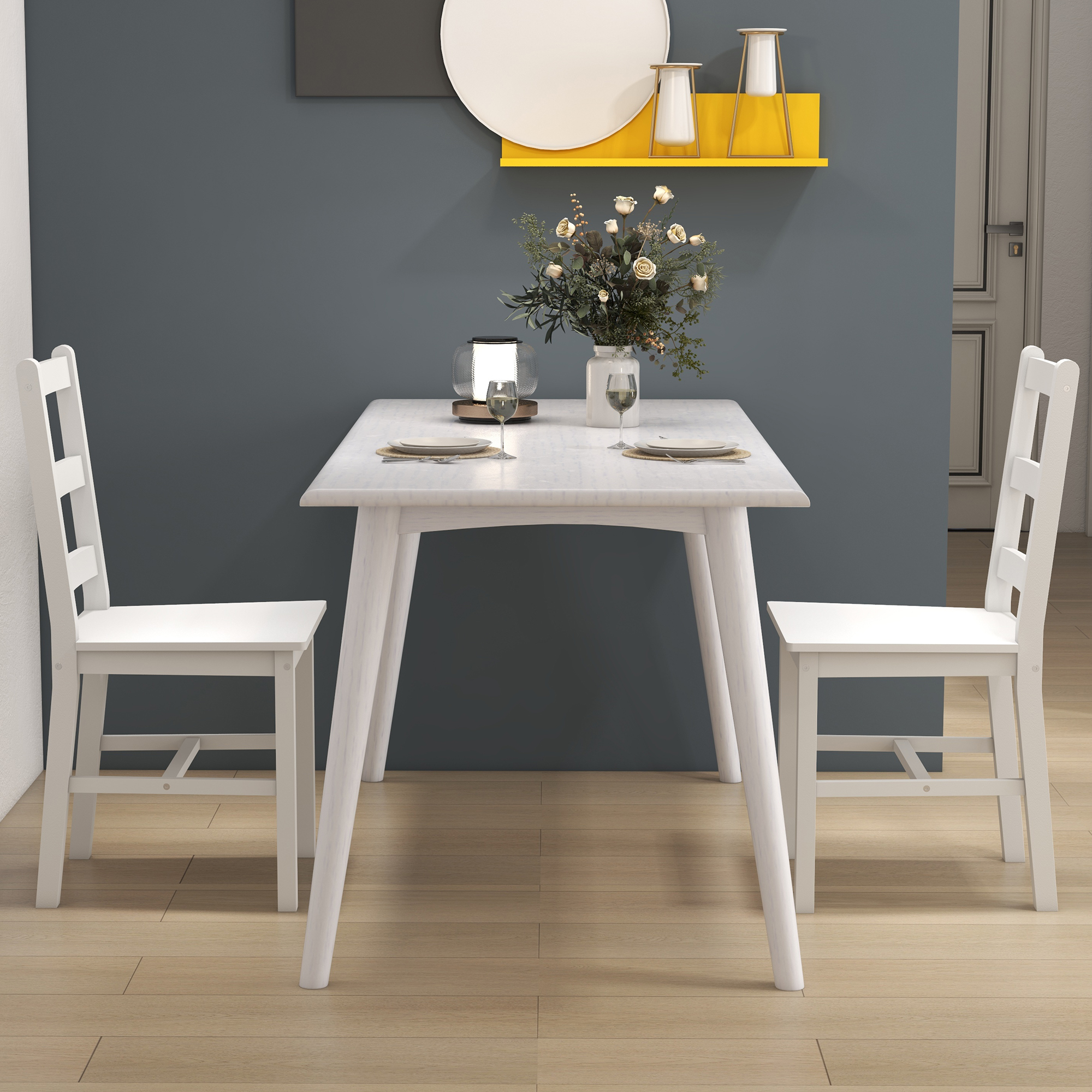Esszimmerstühle 2er Set Holz Küchenstuhl mit Leistenrücklehne, Rutschfest 41,5 x 46 x 90 cm Weiß