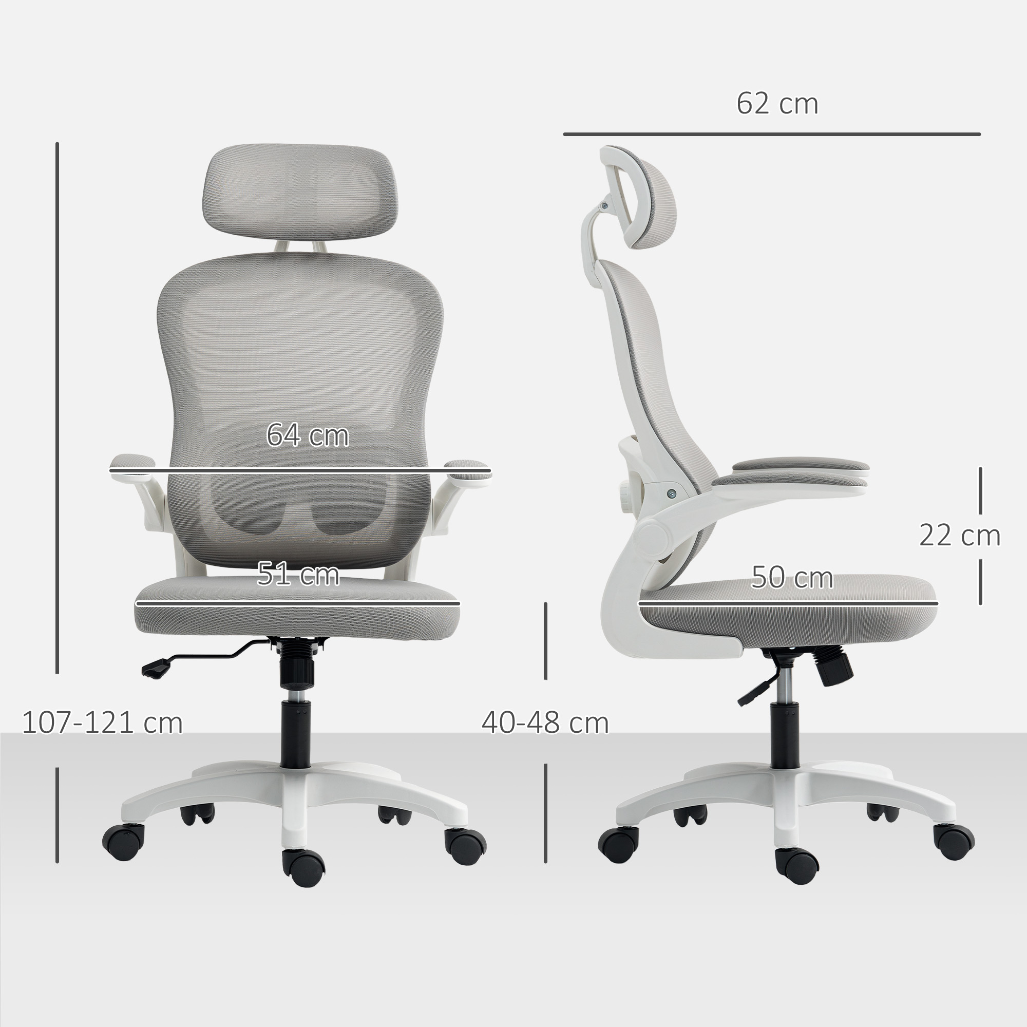 Ergonomischer Bürostuhl mit Netzstoff-Rückenlehne, höhenverstellbar, klappbare Armlehnen, 5 Rollen, Wippfunktion, Grau