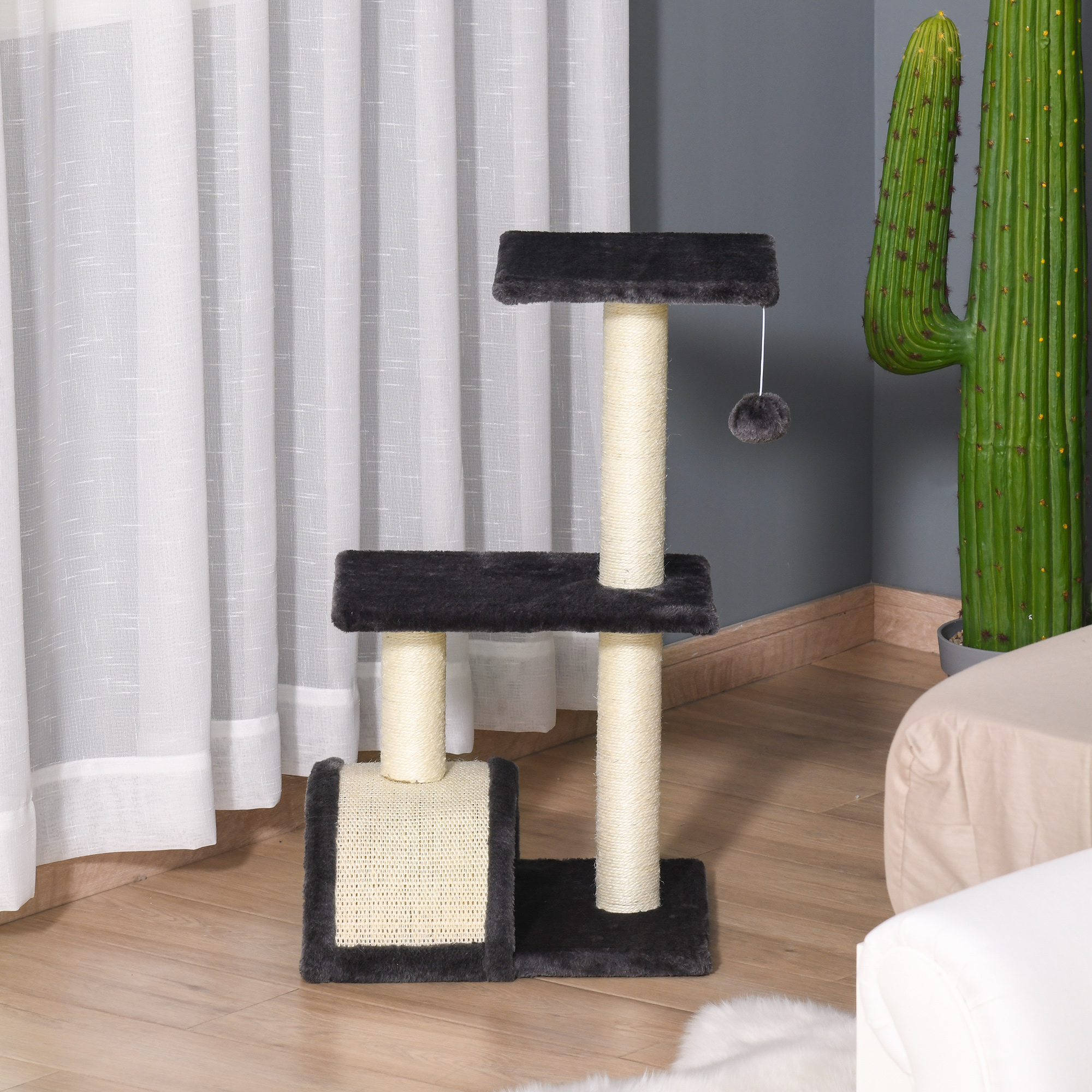 Kratzbaum 72 cm Katzenturm mit Plüschballen, Sisalstämme, Plattform, Kratzbrett mehrstöckiger Katzenkratzbaum, Kletterbaum, für mittelgroße Katzen, Grau