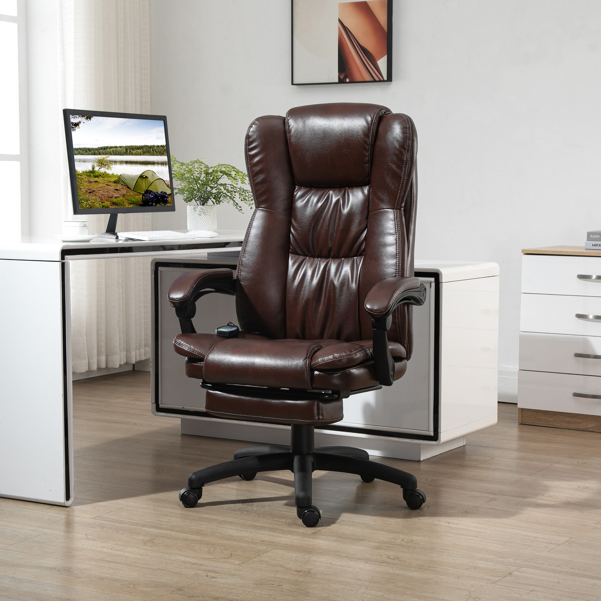 verstellbarer Drehstuhl mit Fußstütze, Kopfstütze, Massagefunktion, Kunstleder, 68,5x68,5x113-121cm, Braun
