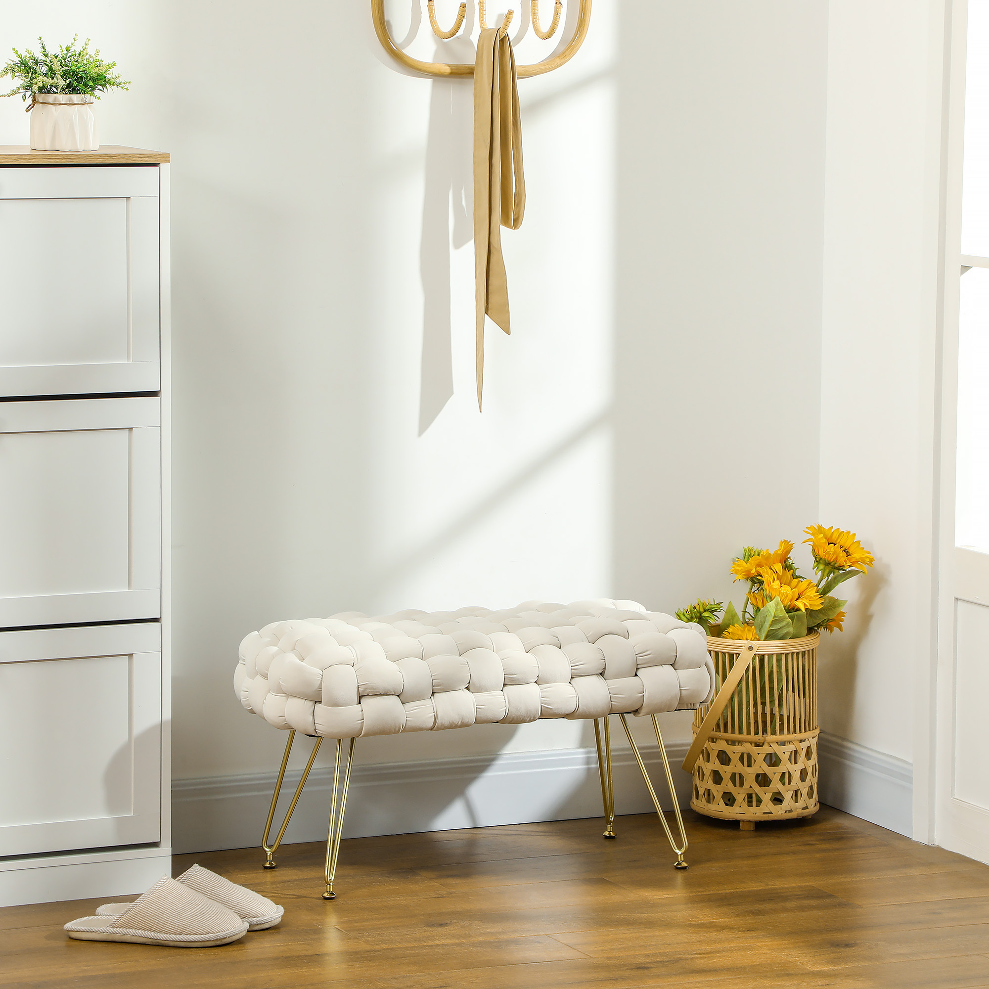 Moderner Sitzhocker mit Metallbeinen, gepolstertem Sitz, für Wohnzimmer, Schlafzimmer, Flur, Cremeweiß