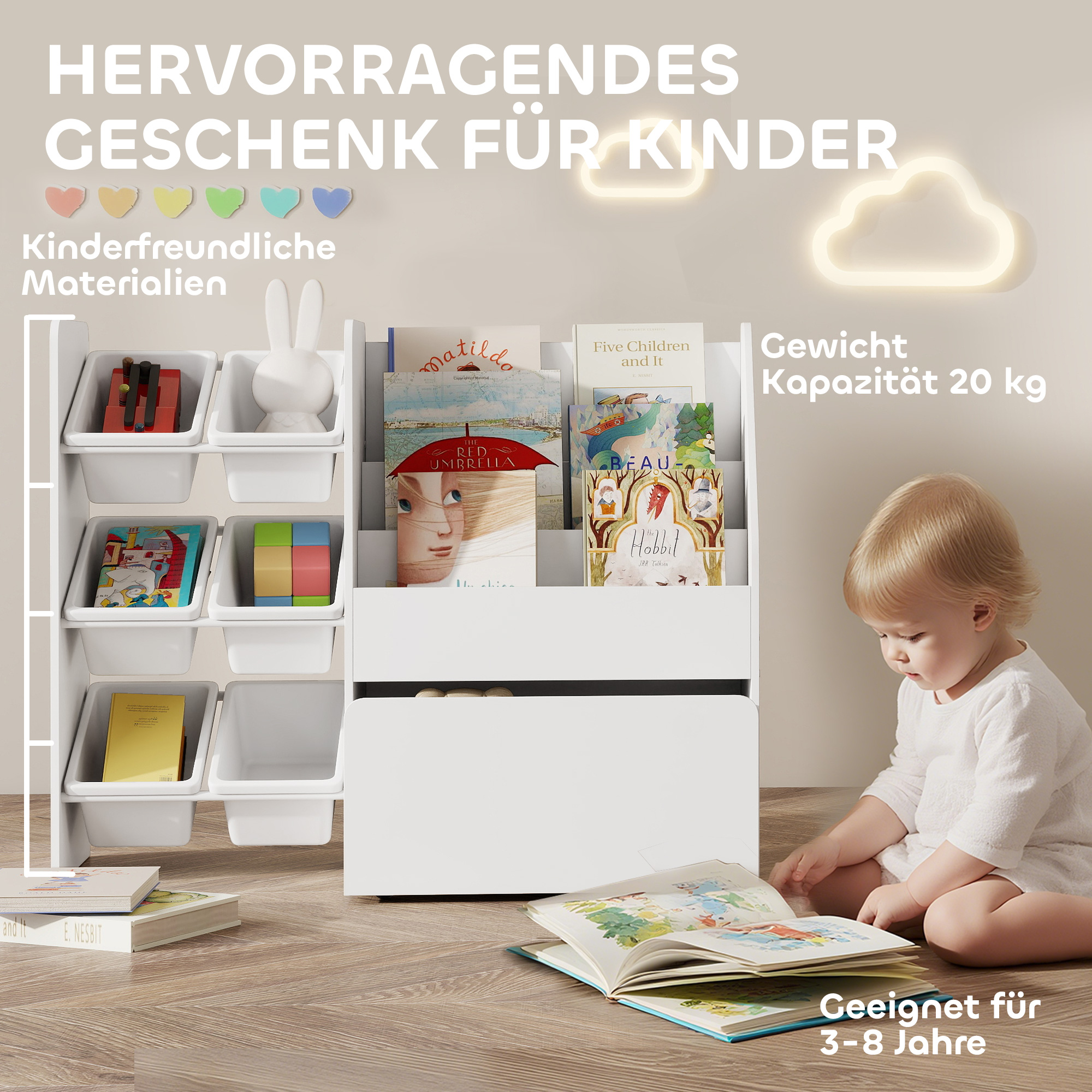 Spielzeugregal, Kinderzimmerregal mit 6 Behälter, Bücherablage, rollbare Box, 100 x 30 x 80 cm, MDF, Stahl, Weiß