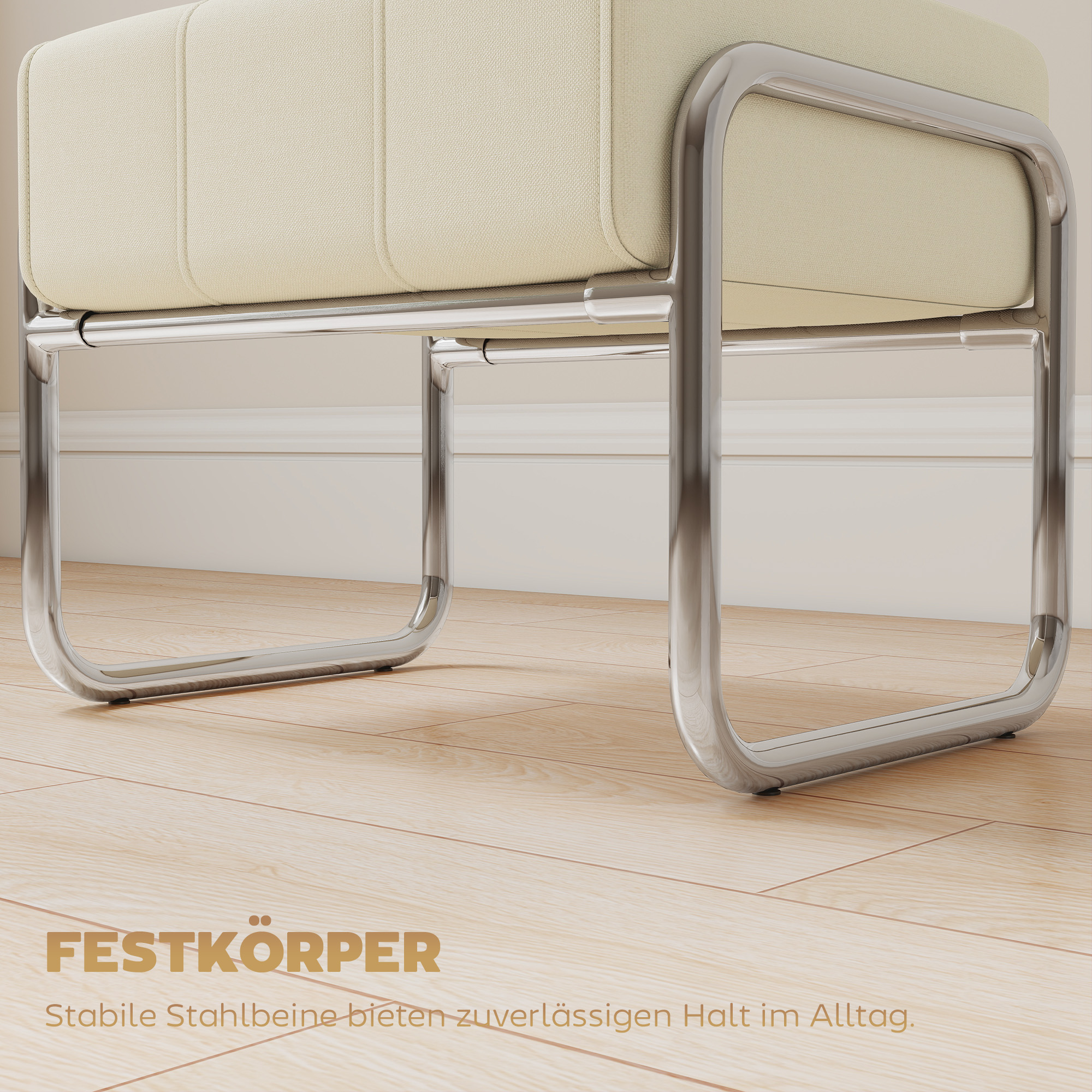 Fußhocker Sitzhocker Dick Gepolstert Hocker mit Chenille-Stoff Stahlbeinen für Schlafzimmer, Beige