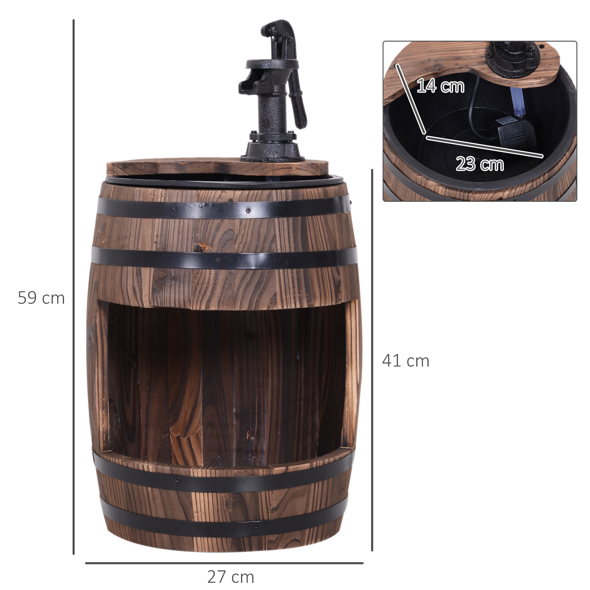 Gartenbrunnen Zierbrunnen Springbrunnen Fassbrunnen Wasserfall Holzfass mit Pflanzgefäß Tannenholz Dunkelbraun Ø27 x 59 cm