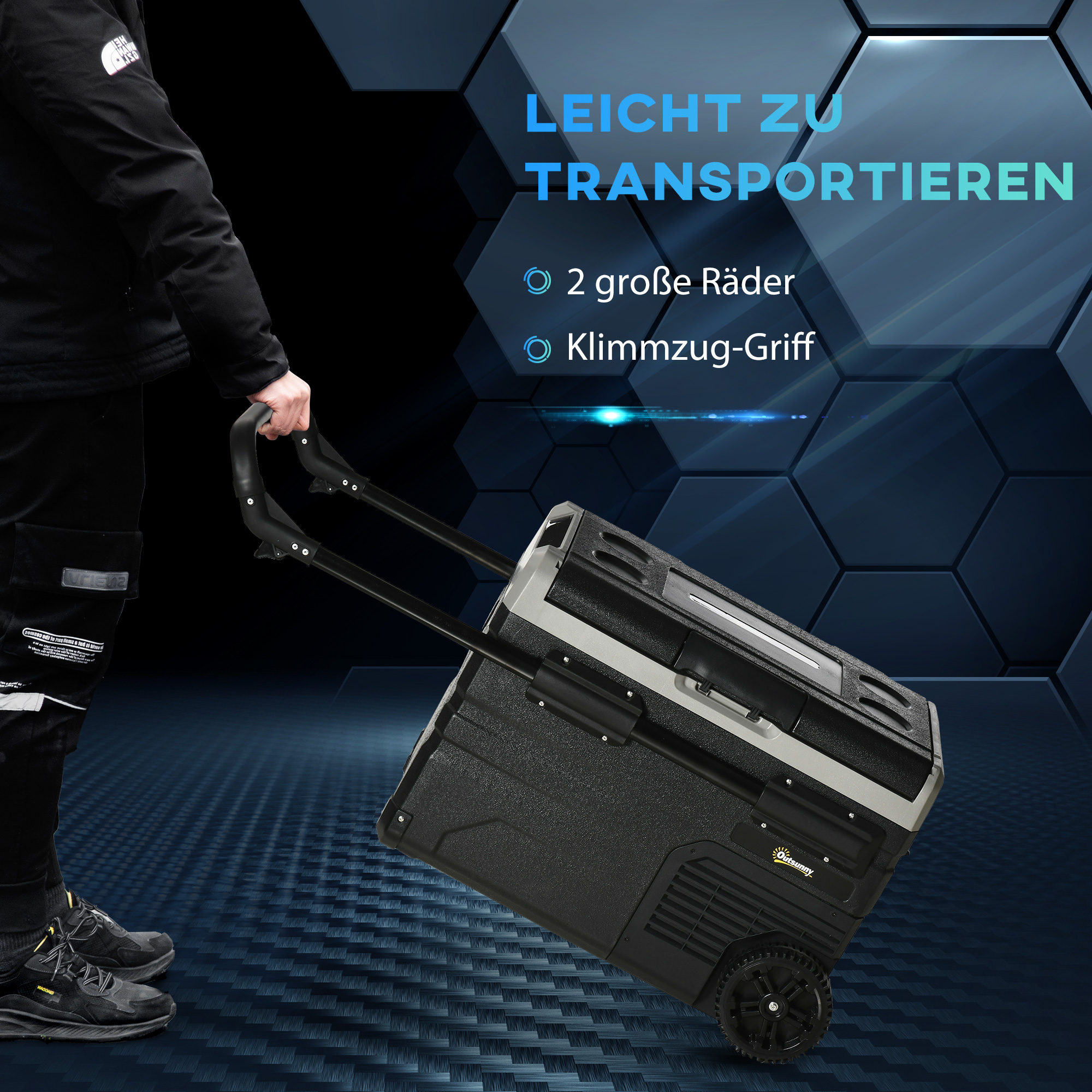 Kühlbox Auto 40L mit LED-Beleuchtung Kompressor Autokühlschrank mit Griffe Transportrollen Boot Camper Reisen 12/24V DC und 110-240V AC Grau+Schwarz
