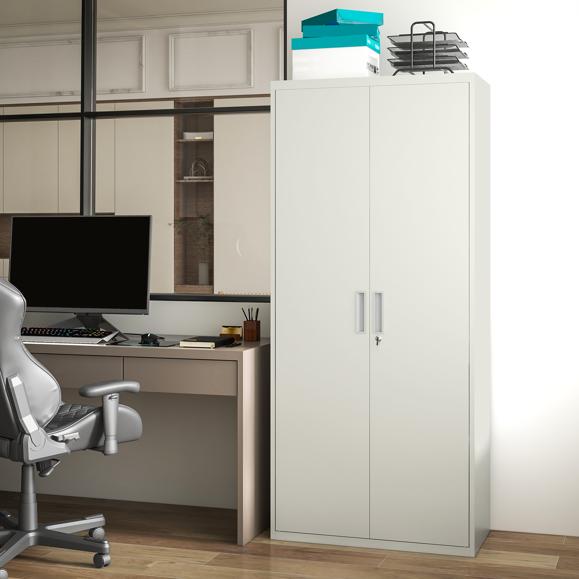 Aktenschrank, Büroschrank, 5 Regale, Metall, 80B x 40T x 180H cm, Weiß