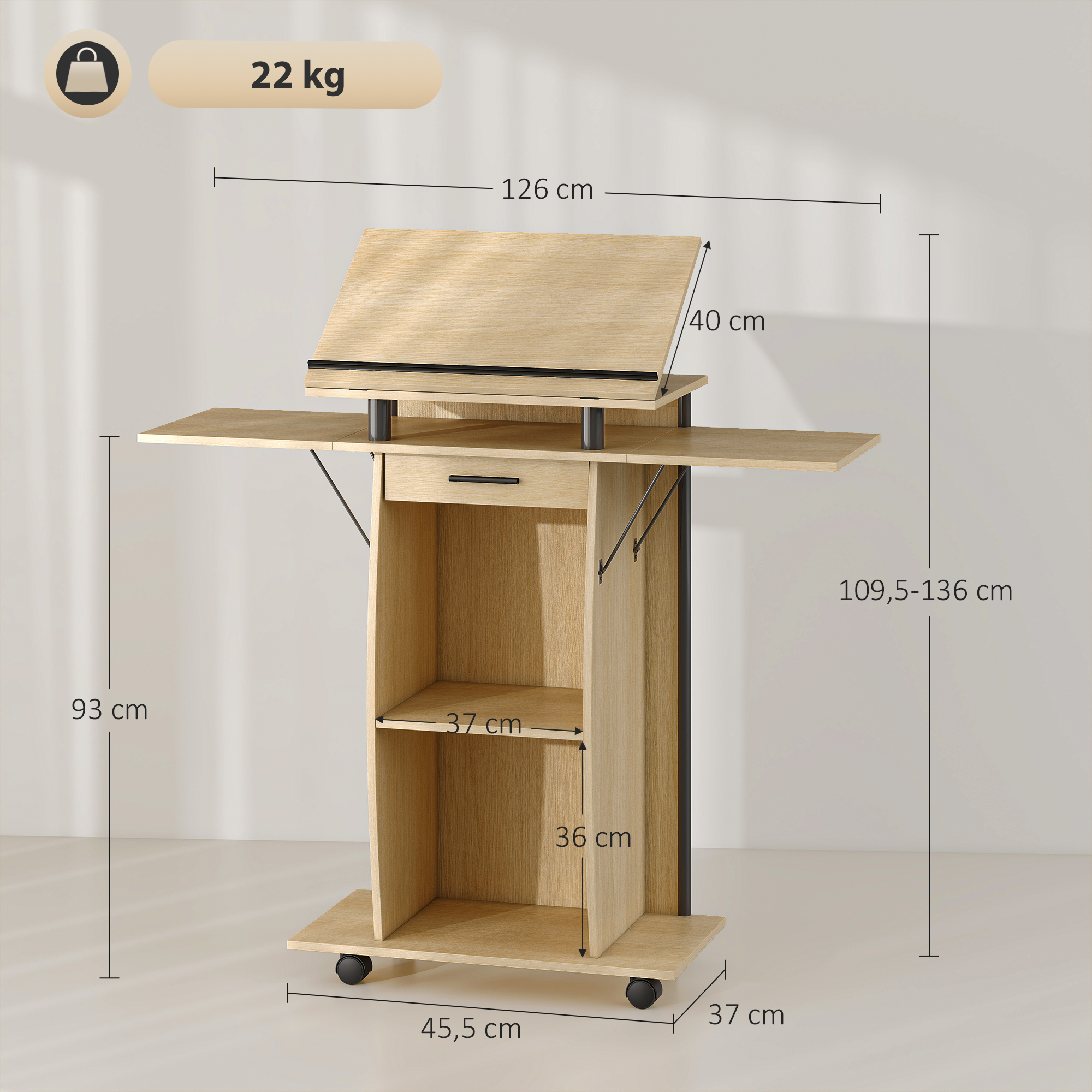 rollbarer Podiumsständer, Redepult mit klappbaren Seitenflügeln, Laptop-Tisch mit Schublade und Regalen, Eichenoptik