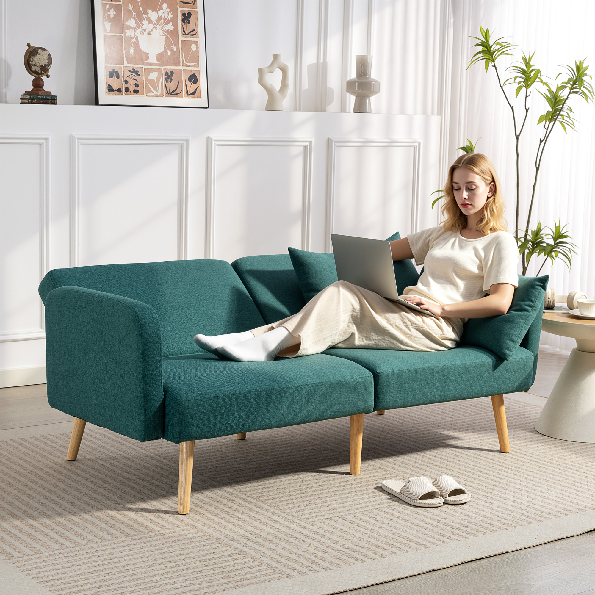 Schlafsofa, 3-Sitzer-Sofa mit Bettfunktion, 2 Kissen, Polstersofa mit verstellbarer Rückenlehne, Leinenoptik, Grün