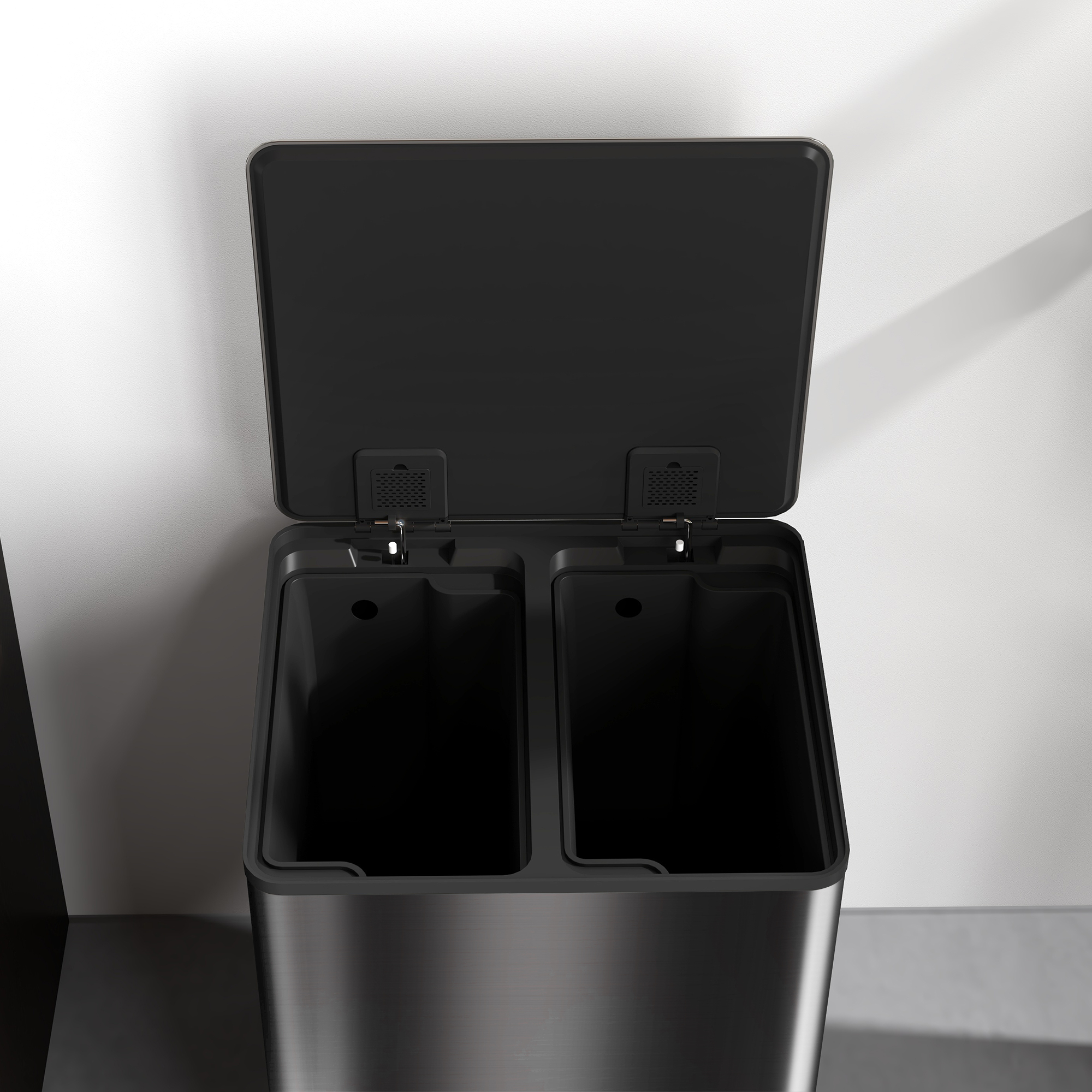 Mülleimer mit 2x30L Fächern, Soft-Close-Deckel, Fingerabdrucksicher, Edelstahl, Schwarz
