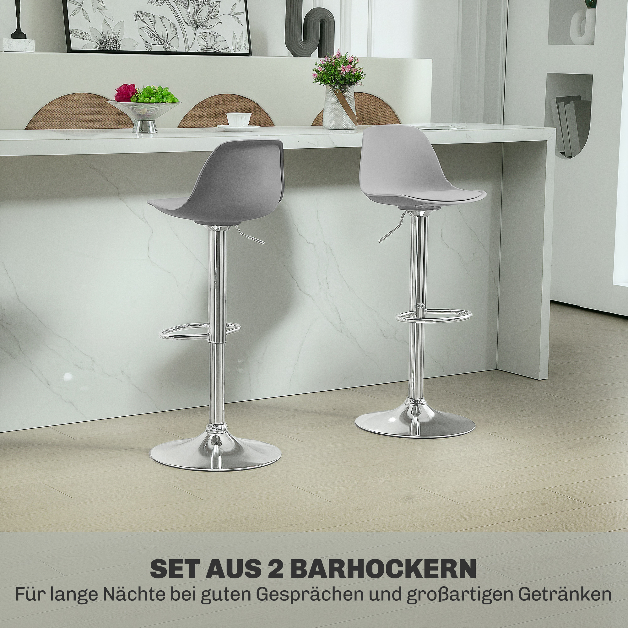 2er-Set Barhocker, Barstühle, Drehstühle mit Lehne, höhenverstellbar, bis 120 kg belastbar, 42 x 41 x 82-104 cm, Grau
