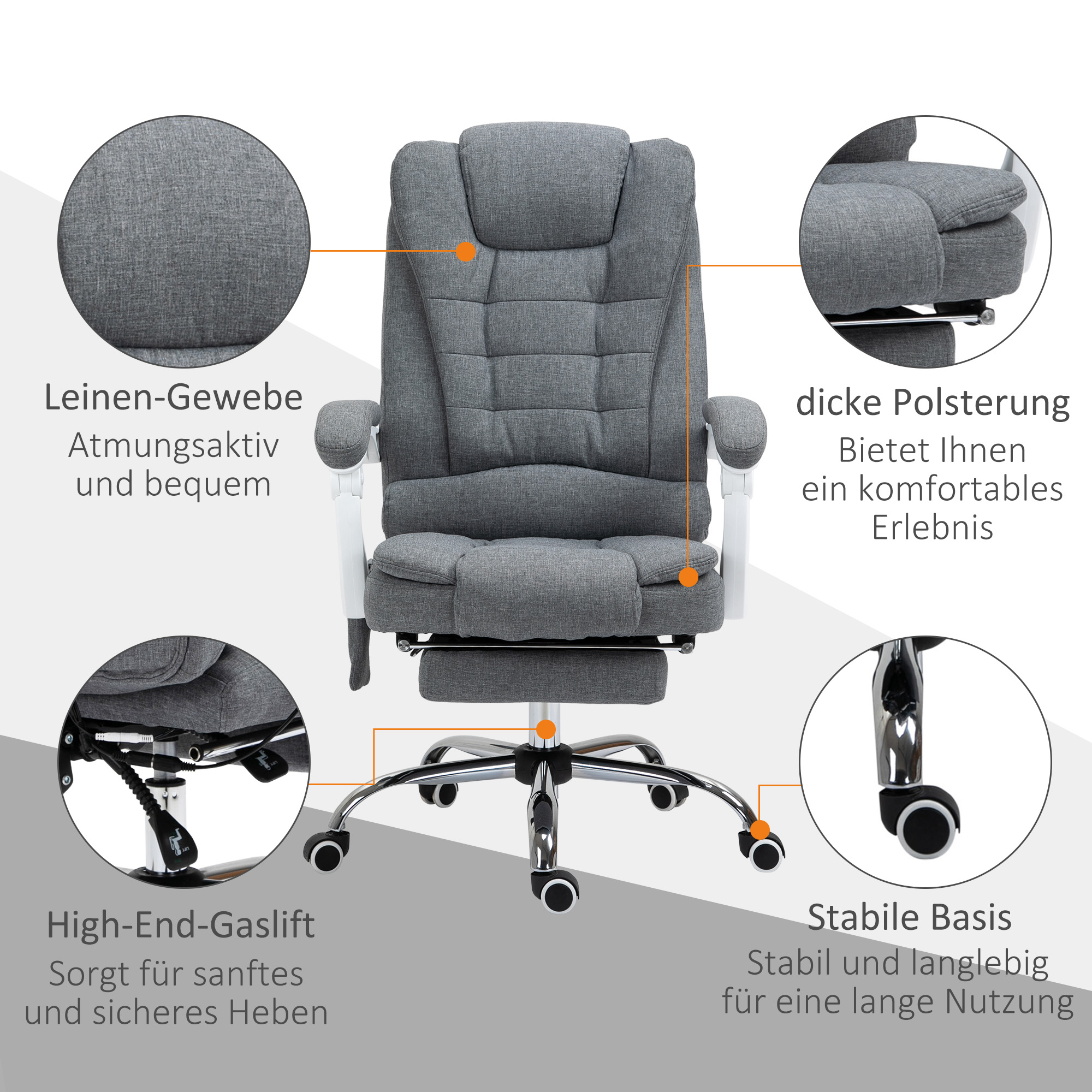 Bürostuhl mit Massage- und Heizfunktion, neigbare Rückenlehne, drehbar & höhenverstellbar, bis 120 kg, Grau