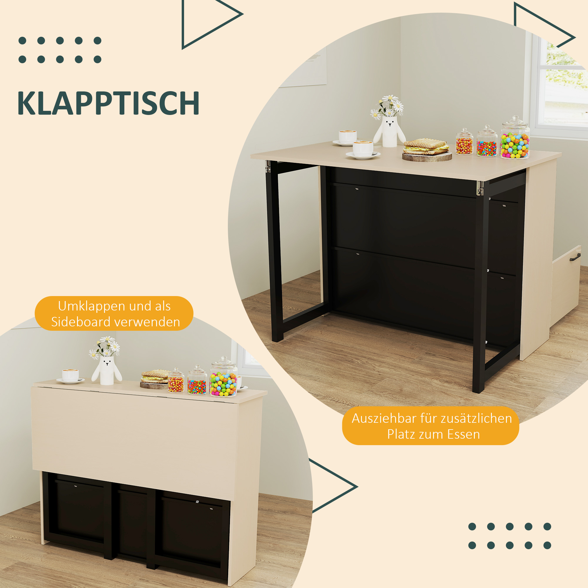 3-tlg. Barset, Bartisch mit klappbarer Tischplatte, 2 Barhocker, 6 Staufächer, schwarz+Eiche, 116 x 70 x 89,5 cm