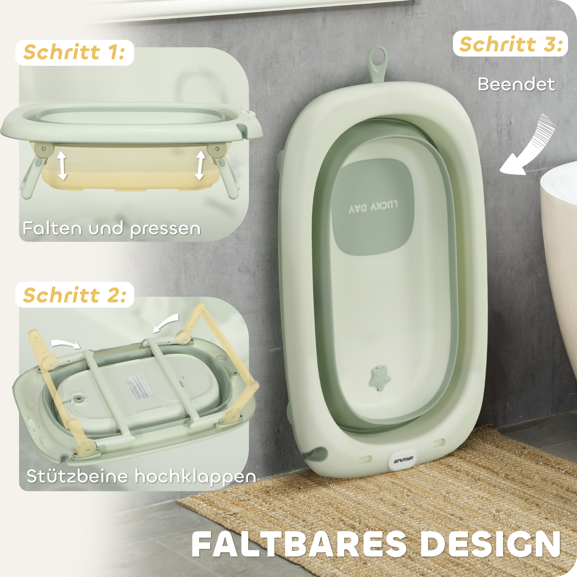 Babybadewanne, faltbar, rutschfester Boden, Elefanten-Badekissen, 86 x 53 x 25,5 cm, Grün