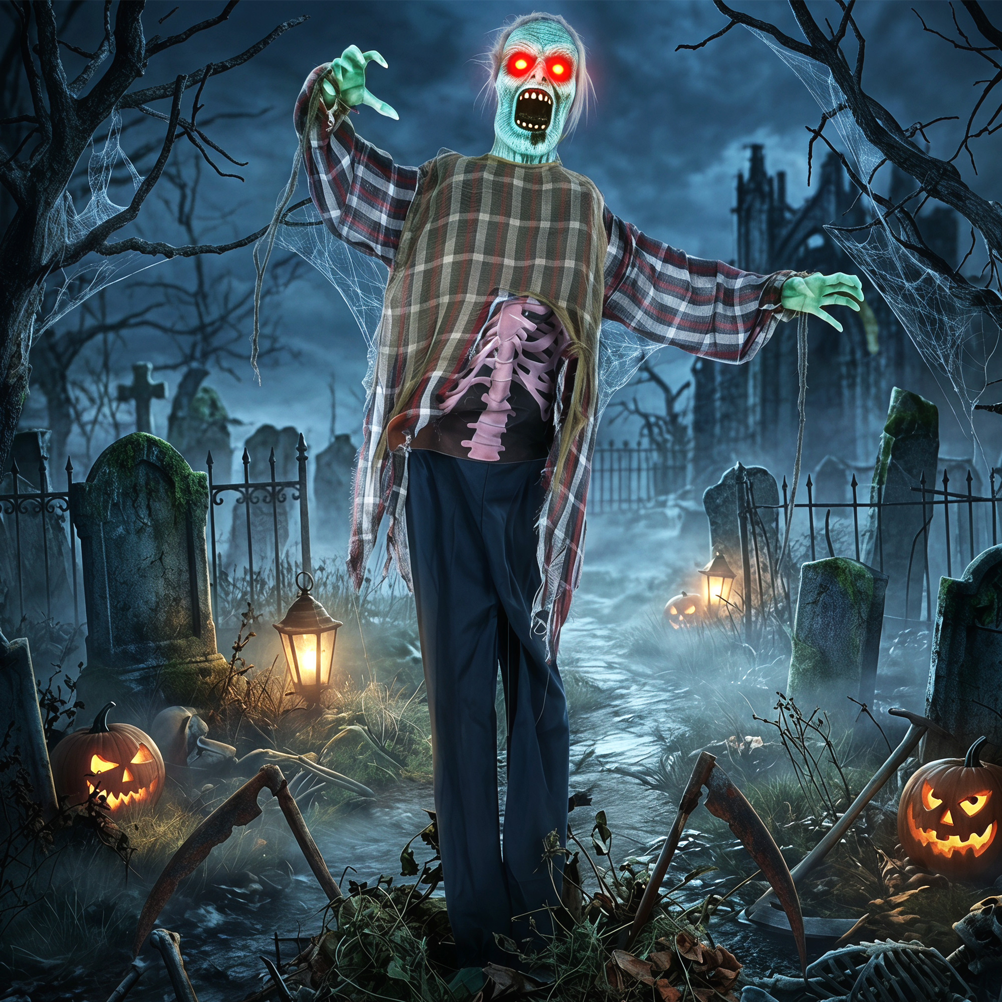 animierter Halloween-Zombie in Lebensgröße,170 cm, mit Sound- und Berührungsaktivierung, gruselige Deko