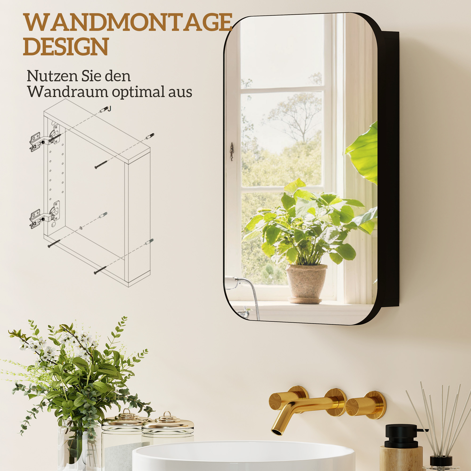 Spiegelschrank Bad, Badezimmerschrank mit Spiegel, Hängeschrank mit Verstellbarem Regal, 40 x 10 x 60 cm, Schwarz