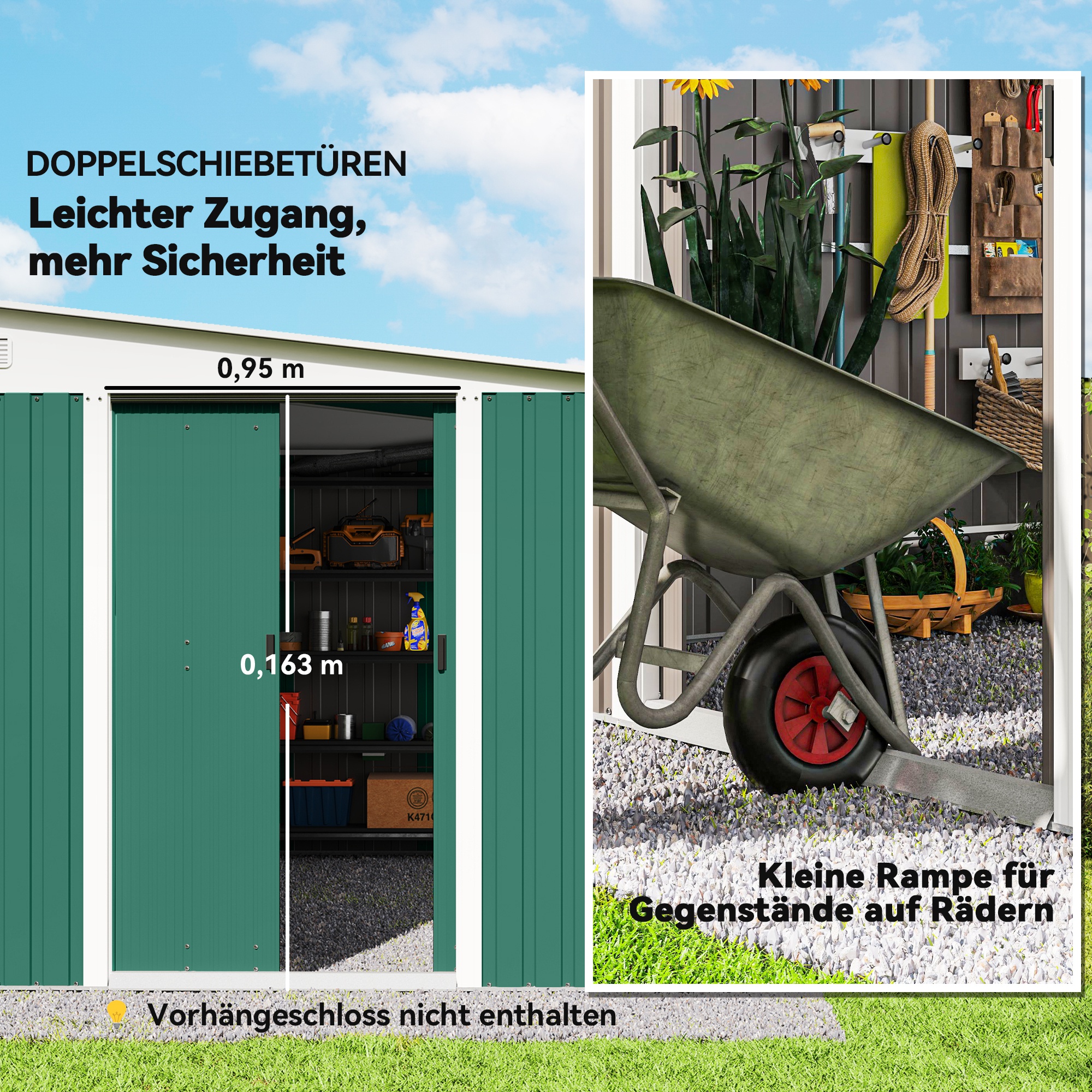 Metall-Geräteschuppen Schrägdach verriegelbare Doppeltür 2,8 x 3,45 x 2,01m Grün