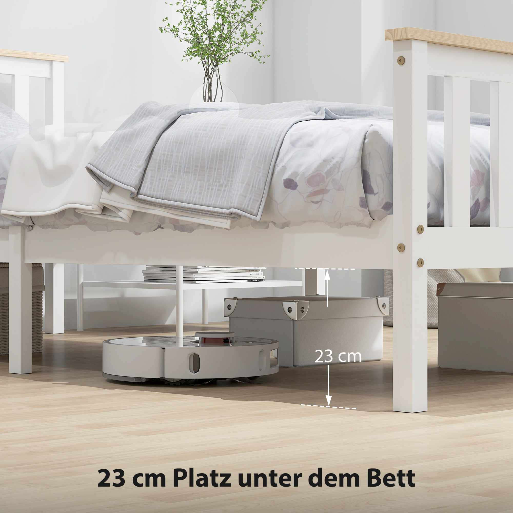Einzelbettrahmen, Bettrahmen aus Holz, unterer Stauraum, Naturholz, Weiß