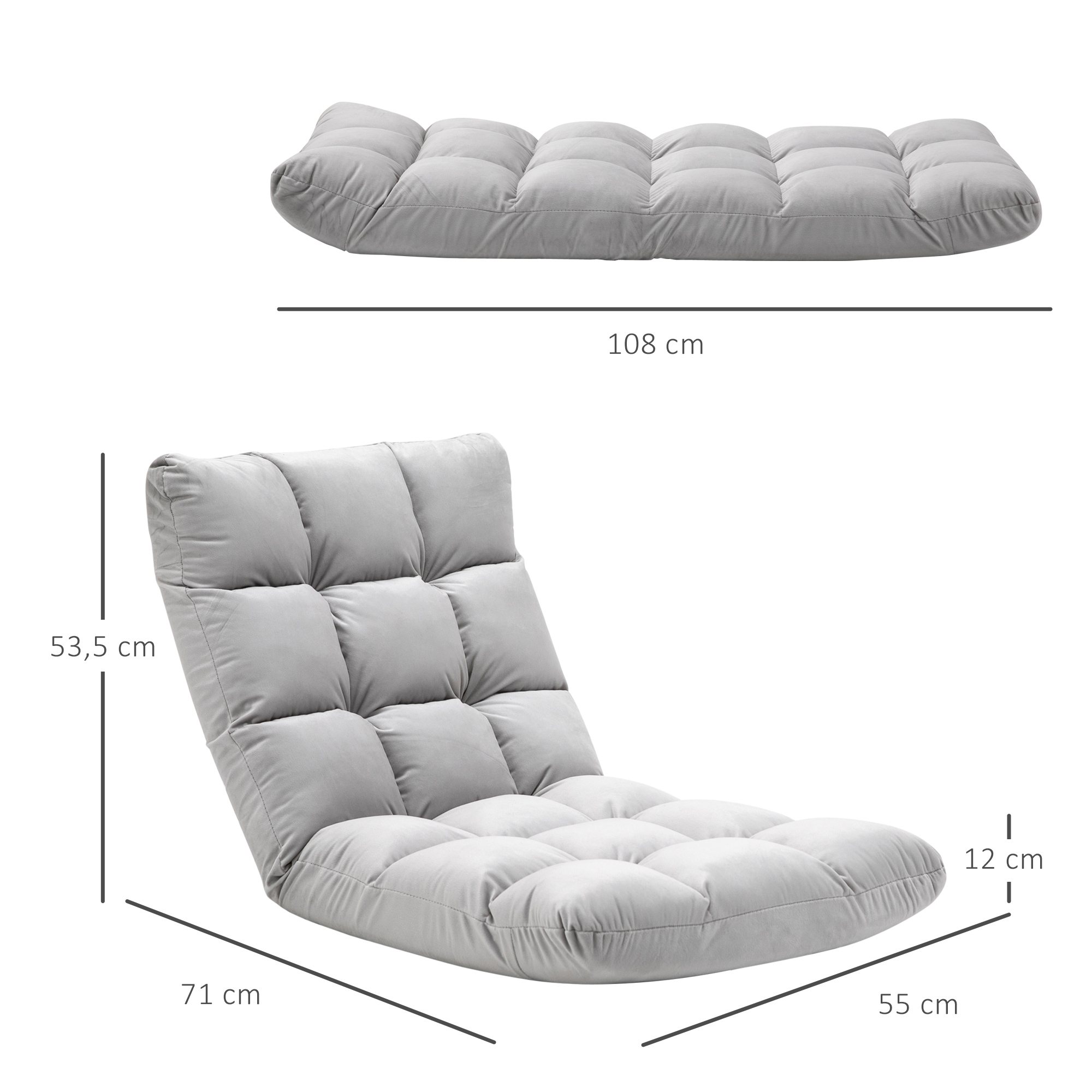 Bodenstuhl, faltbar, Bodensessel mit Liegefunktion Verstellbarer Rückenlehne, gepolstert Relaxsessel zum Fernsehen, Lesen, Meditationsstuhl Lazy Sofa Lesesessel für Meditation Zuhause Grau