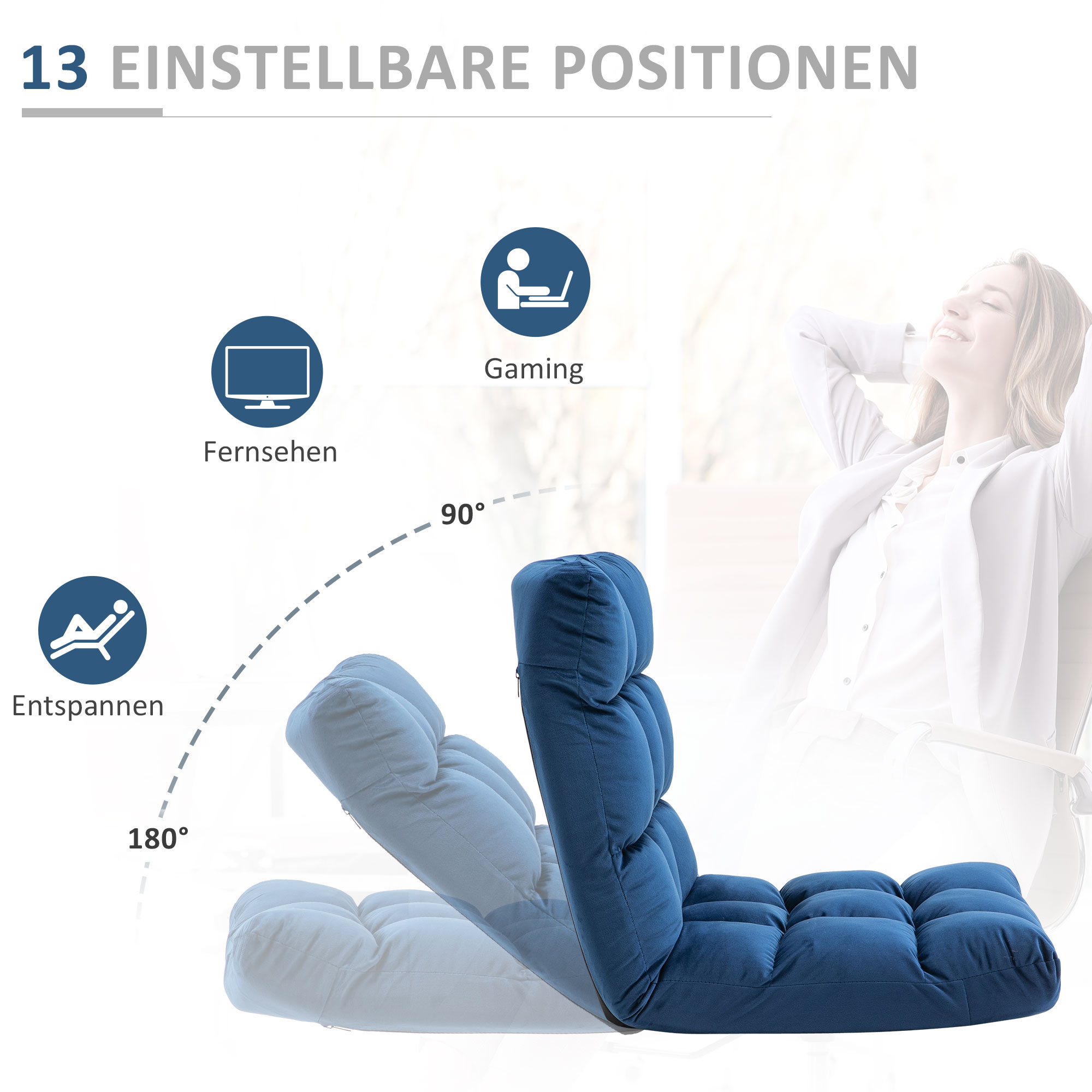 Sessel Gästematratze Bodensessel, verstellbare Rückenlehne, Velouroptik, 55 cm x 71 cm x 53,5 cm, Blau