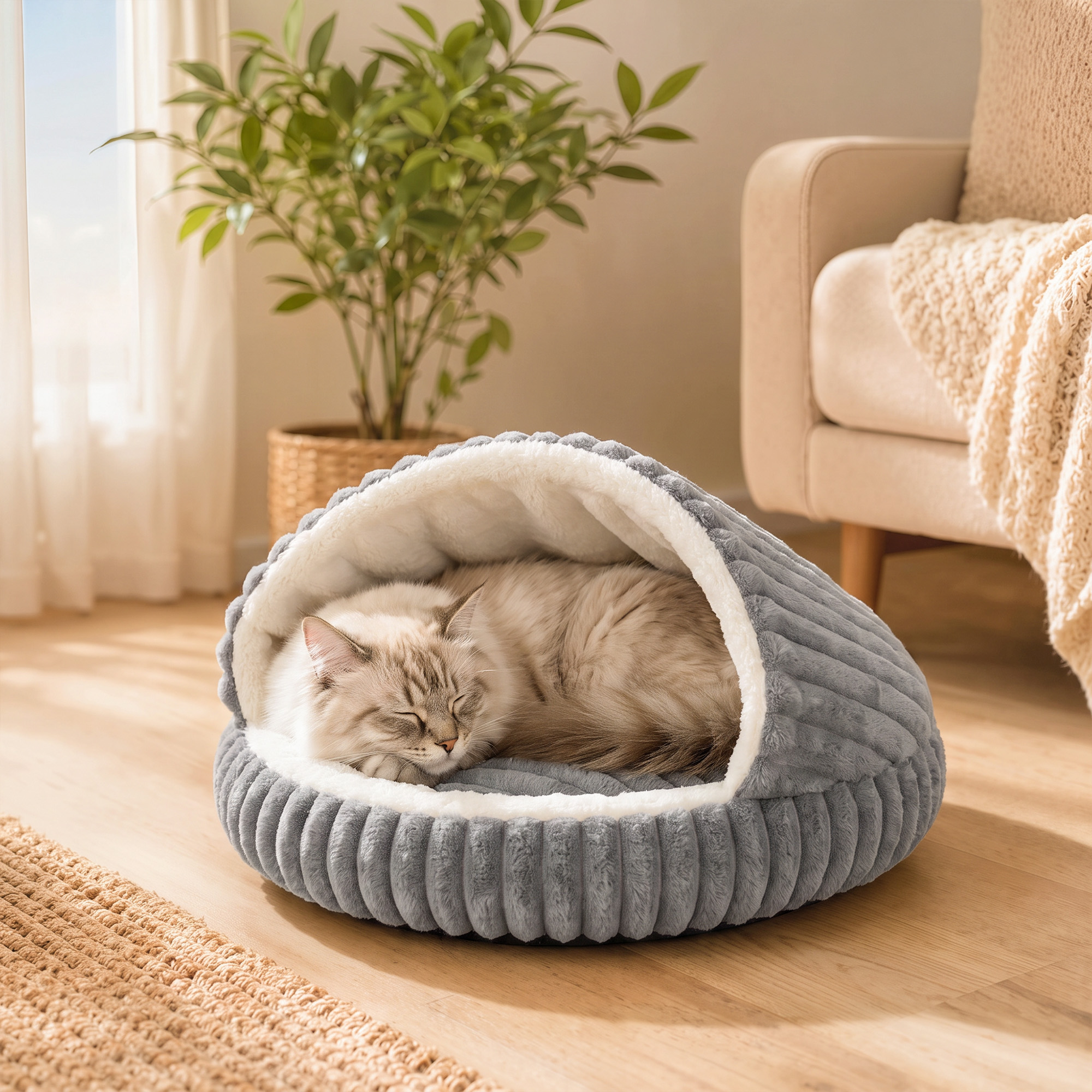 Katzenbett Plüsch Katzenhöhle mit abnehmbarem Kissen, Rutschfester Boden, Waschbar Katzenkorb, für Katzen bis 5 kg, Grau