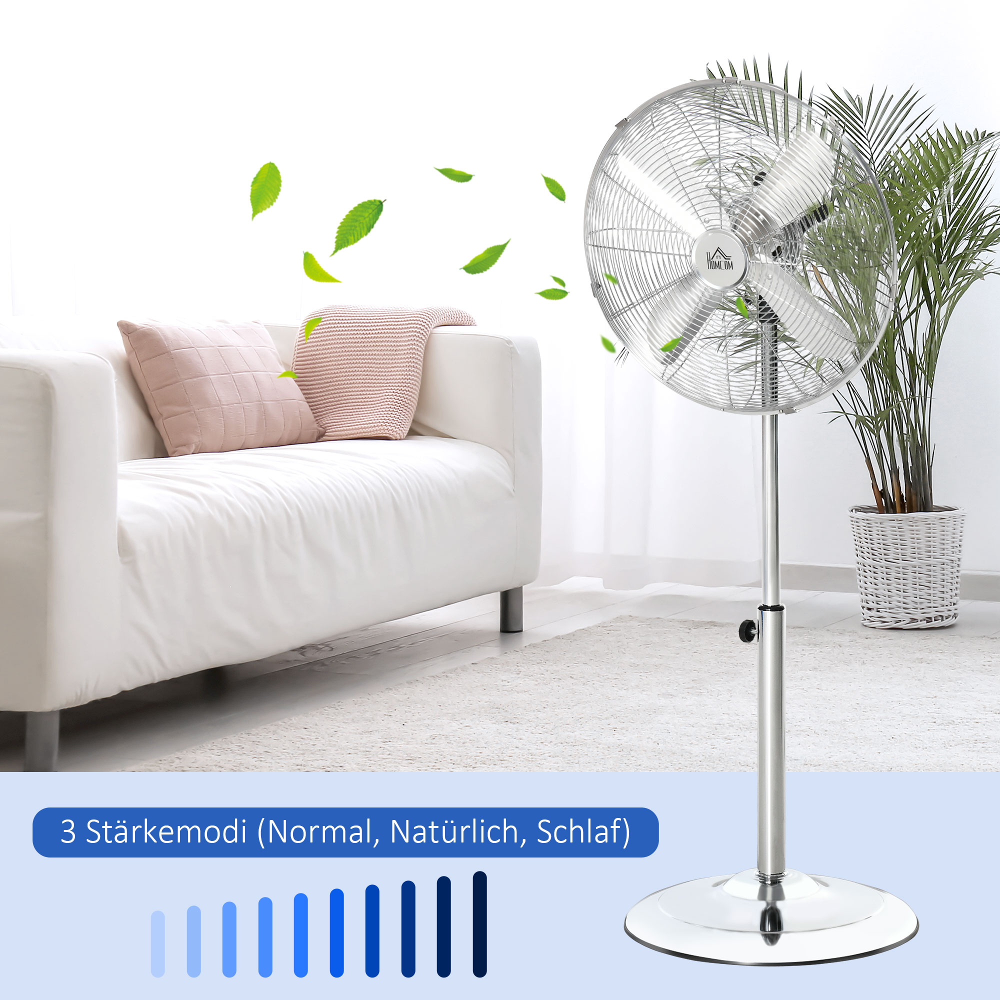 120 cm Standventilator, Ventilator, Höhenverstellbarer Lüfter, 3 Geschwindigkeitsstufen, Verstellbarer Neigungswinkel, Stahl, Silber