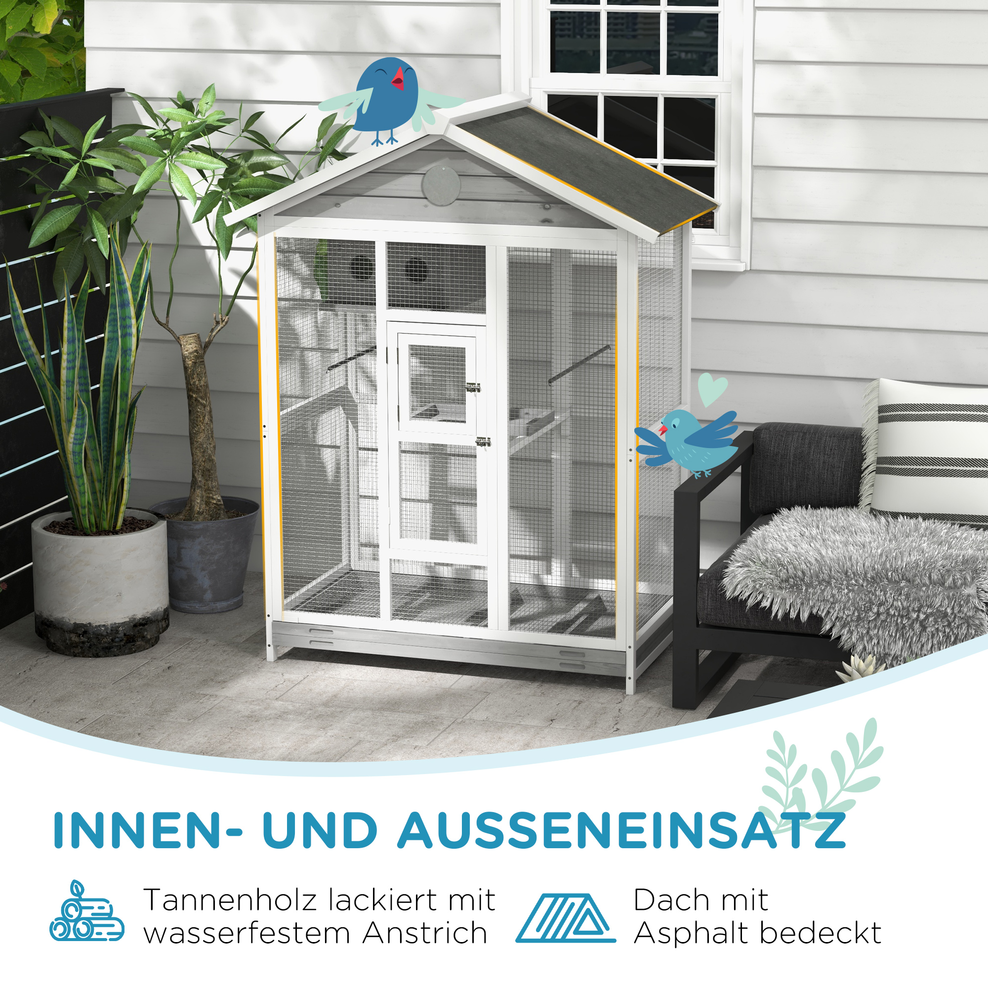 Vogelkäfig aus Holz, mit 4 Sitzstangen, Asphaltdach, wasserdicht, 112 x 68 x 154 cm
