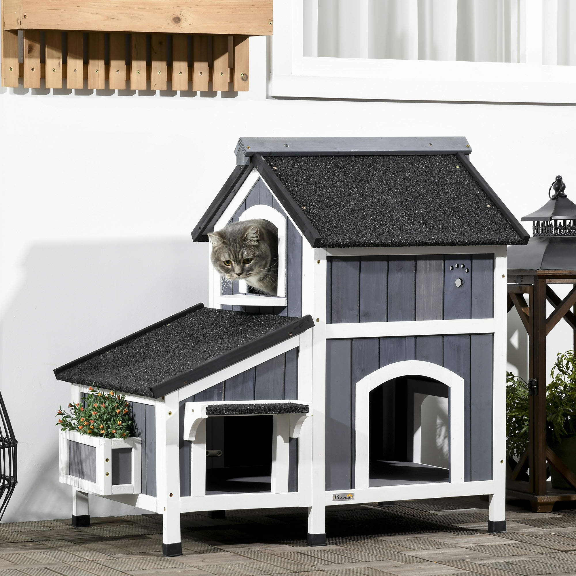 Outdoor-Katzenhaus, zweistöckig, Bodenabstand, Naturholz, Asphaltdach, grau, 96 x 65 x 85,5 cm