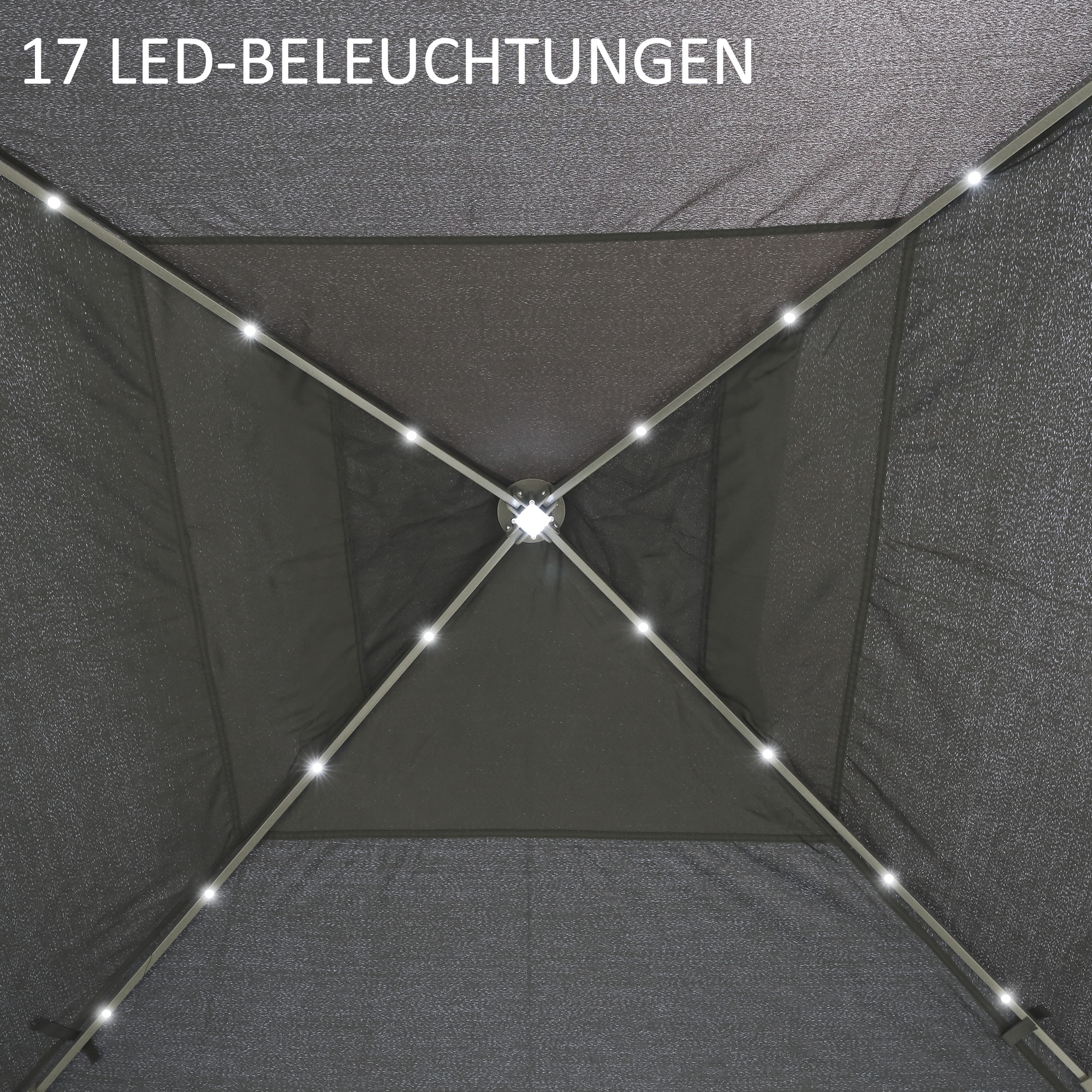 3,3 x 3,3 m Faltpavillon mit LED-Beleuchtung, Meshvorhänge, Tragetasche, Grau
