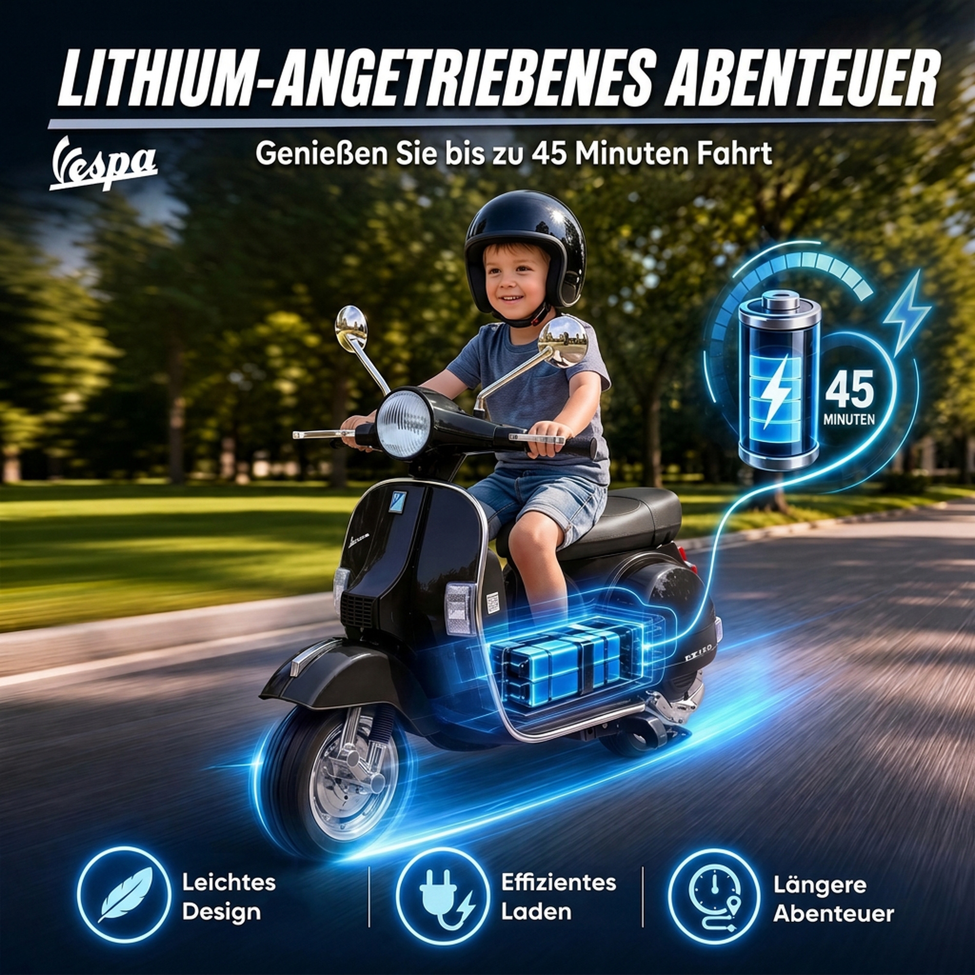 Elektro Motorrad Kinder Vespa PX150 12V Elektromotorrad mit Lithium Akku 35W 2 Motoren 25° Lenkbegrenzung für 3-6 Jahre