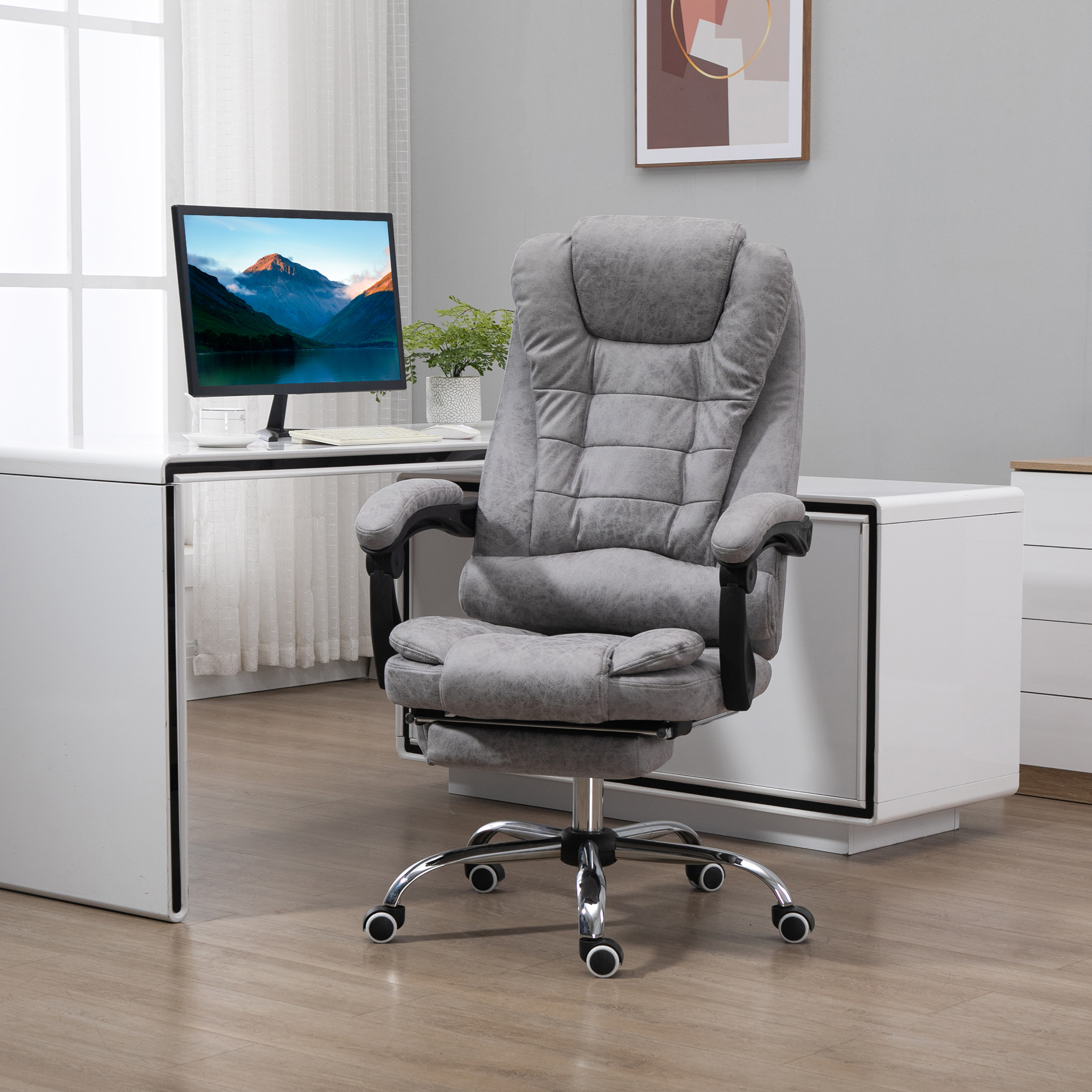 Bürostuhl mit Massagefunktion, Ergonomischer Schreibtischstuhl mit Liege- & Wärmefunktion, Fernbedienung, Grau