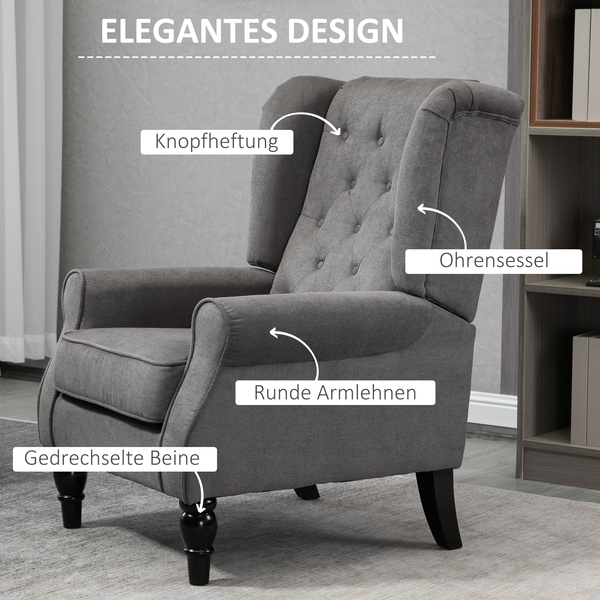 Ohrensessel im Vintage-Design, Lesesessel, Akzentsessel, Holzbeine, Knopfheftung, Grau + Schwarz