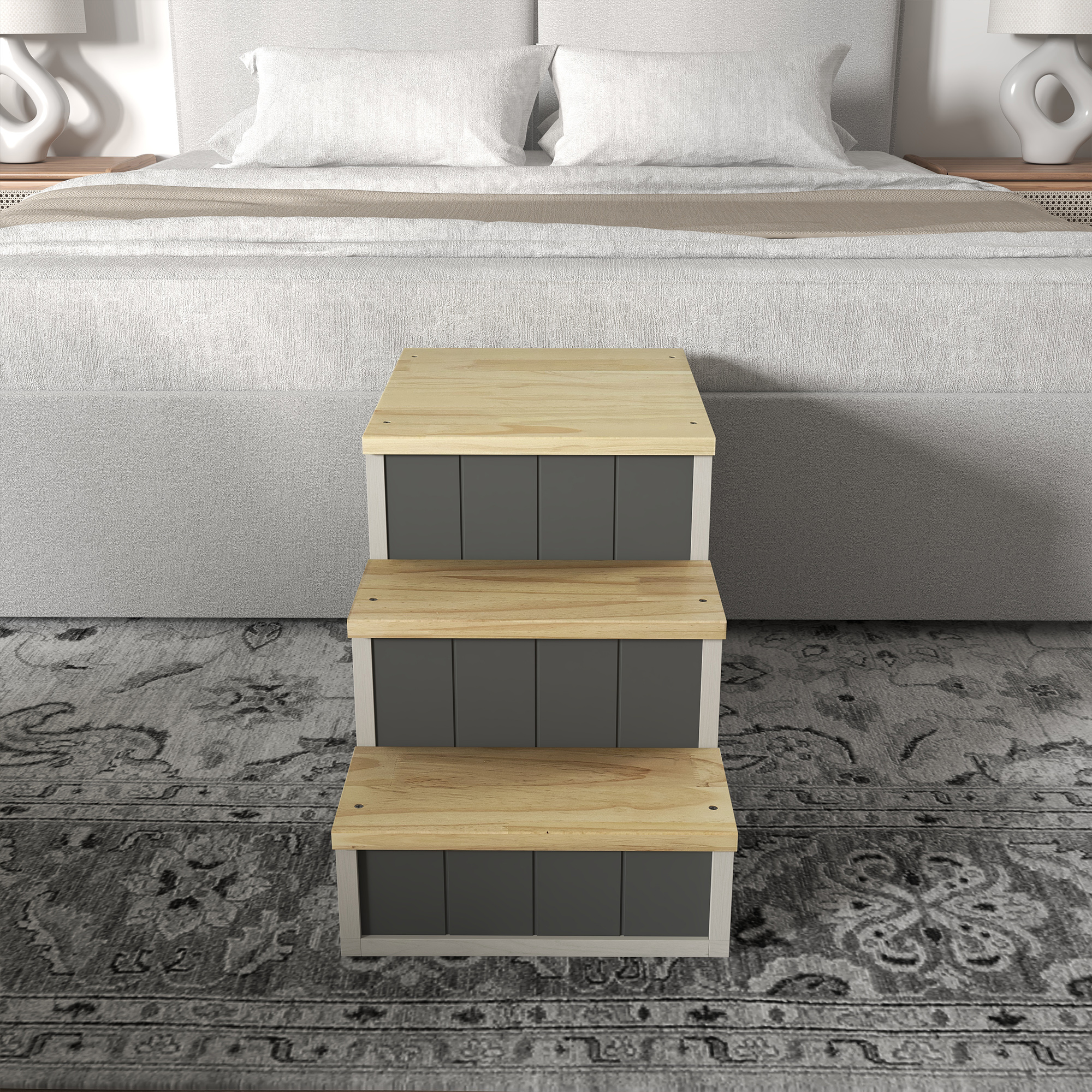 Haustiertreppe Hundetreppe, 3 Stufen, Kiefernholz, 79 cm x 38,5 cm x 45 cm, Natur + Weiß