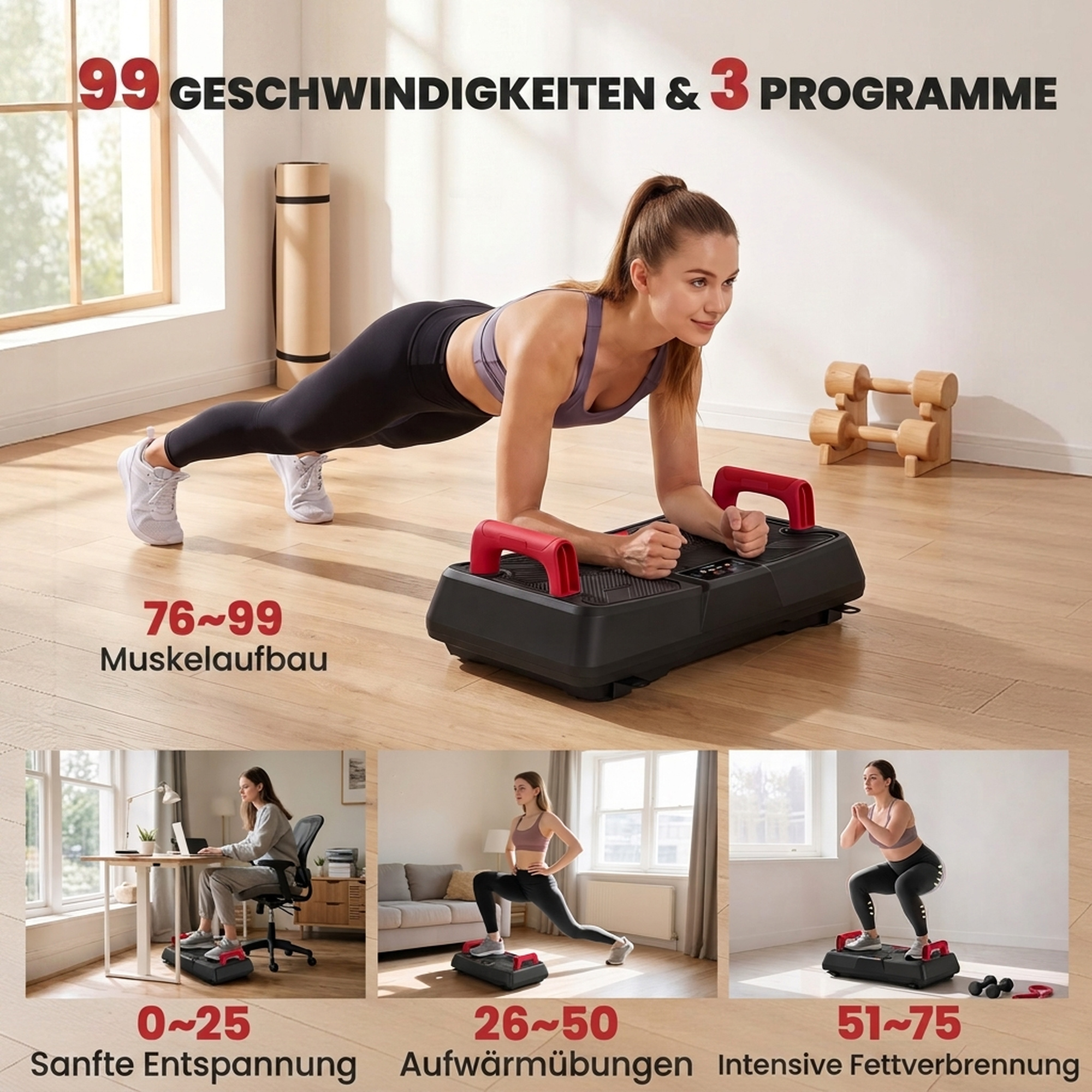 Vibrationsplatte leise Rüttelplatte mit Sitz 99 Intensitätsstufen 3 Vorprogramme höhenverstellbar & abnehmbar Griffe