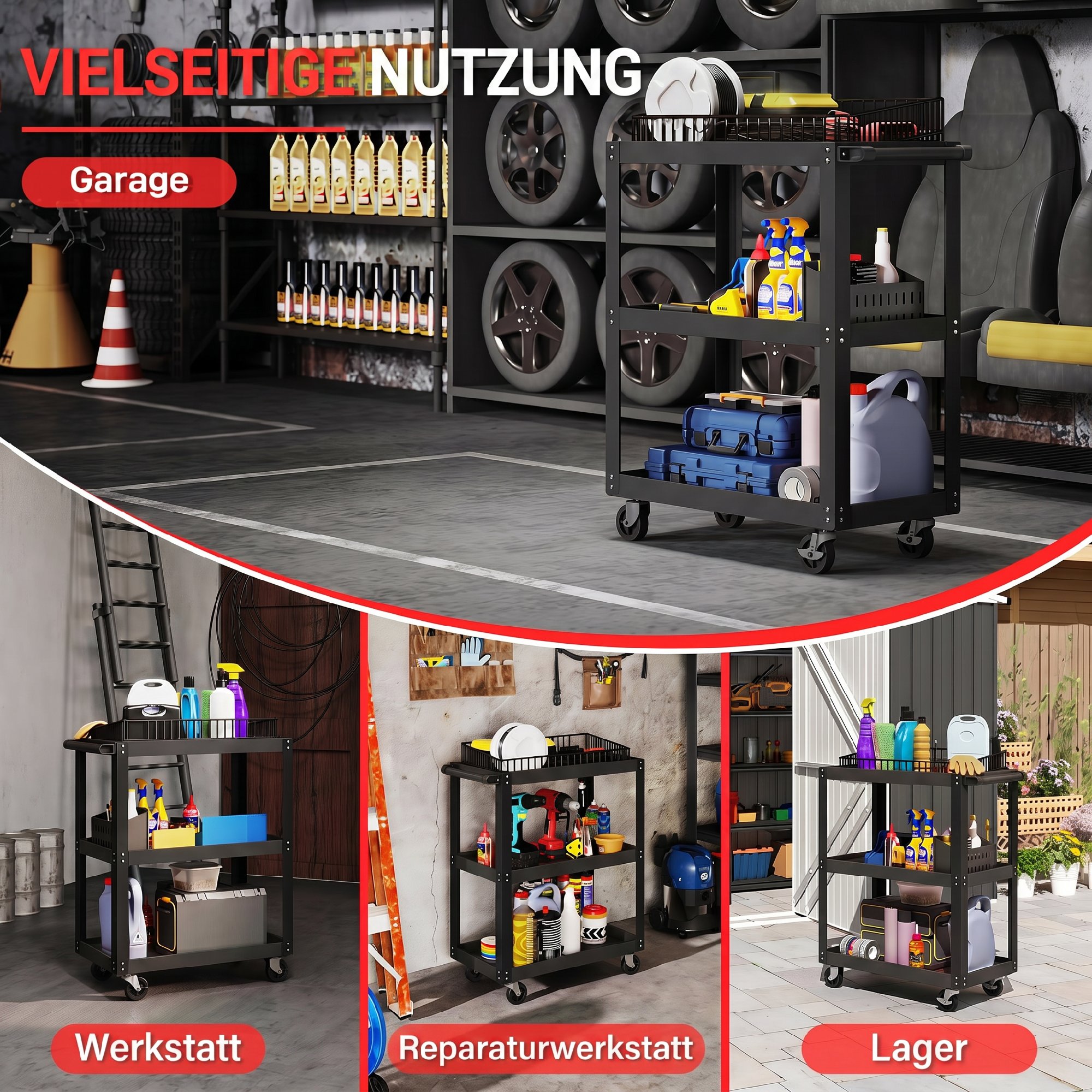 Werkstattwagen mit 3 Ablagen und Seitenhalter, 4 Rollen, 70,5 x 35 x 82,5 cm, Schwarz