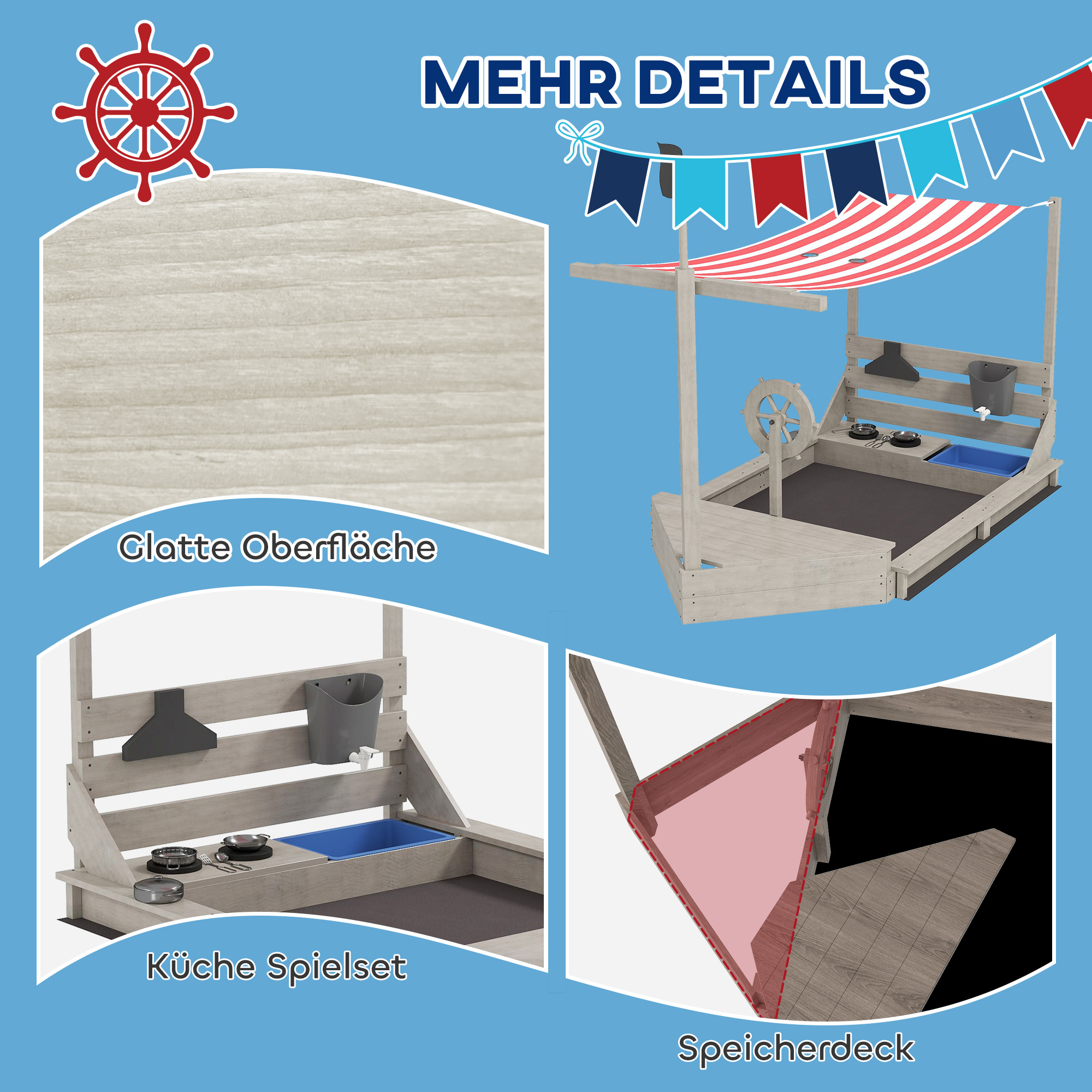 Sandkasten mit Sonnendach Piratenschiff, inkl. Kinderküchenspielset, Massivholz, 180 x 103 x 144,5 cm, Grau