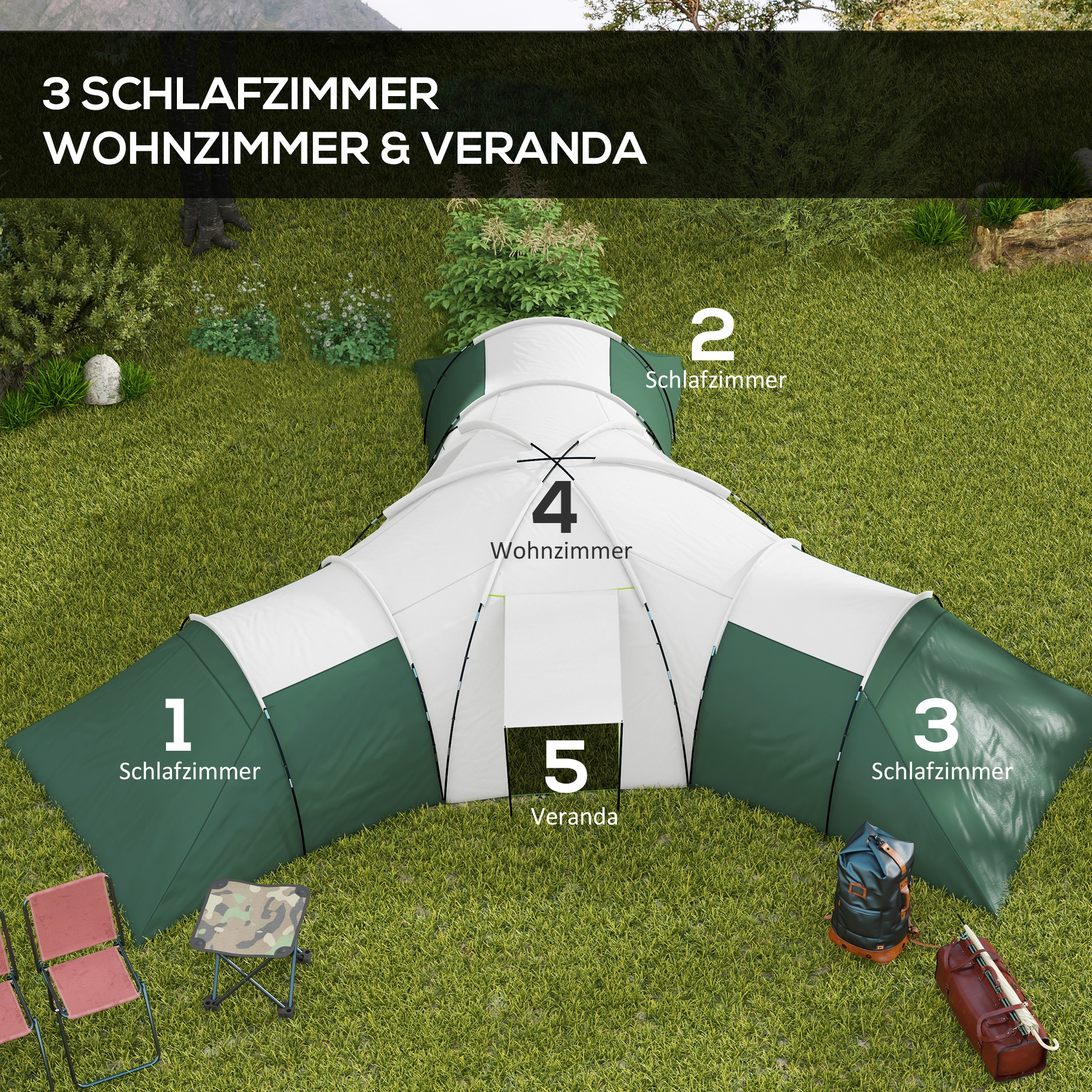 Campingzelt für 6-9 Personen, 4 Räume, Vorzelt, wasserdicht, 615x 615x225cm, Grün