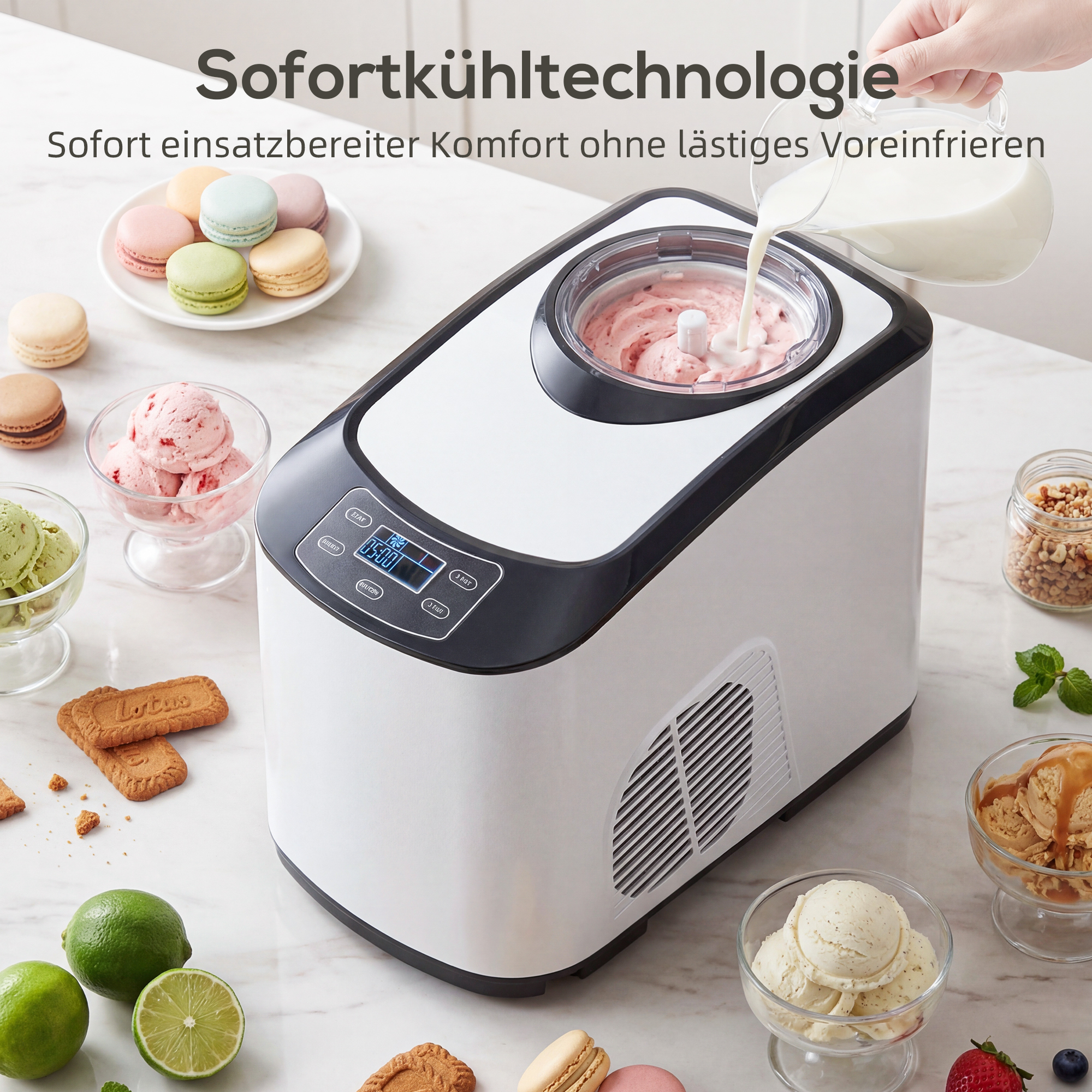 Eismaschine ohne vorfrieren mit eingebautem Kompressor, 1,5L, Weiß