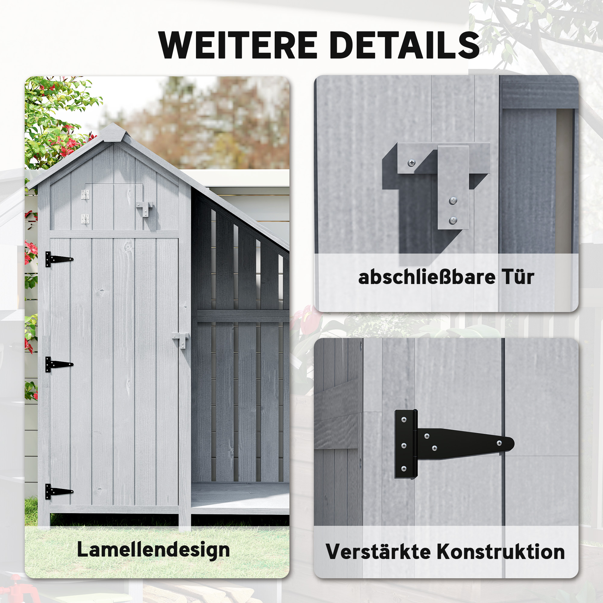 Gartenschrank Holz Outdoor wetterfest Geräteschuppen mit Asphaltdach Einlegeboden 129 x 51,5 x 180 cm Grau